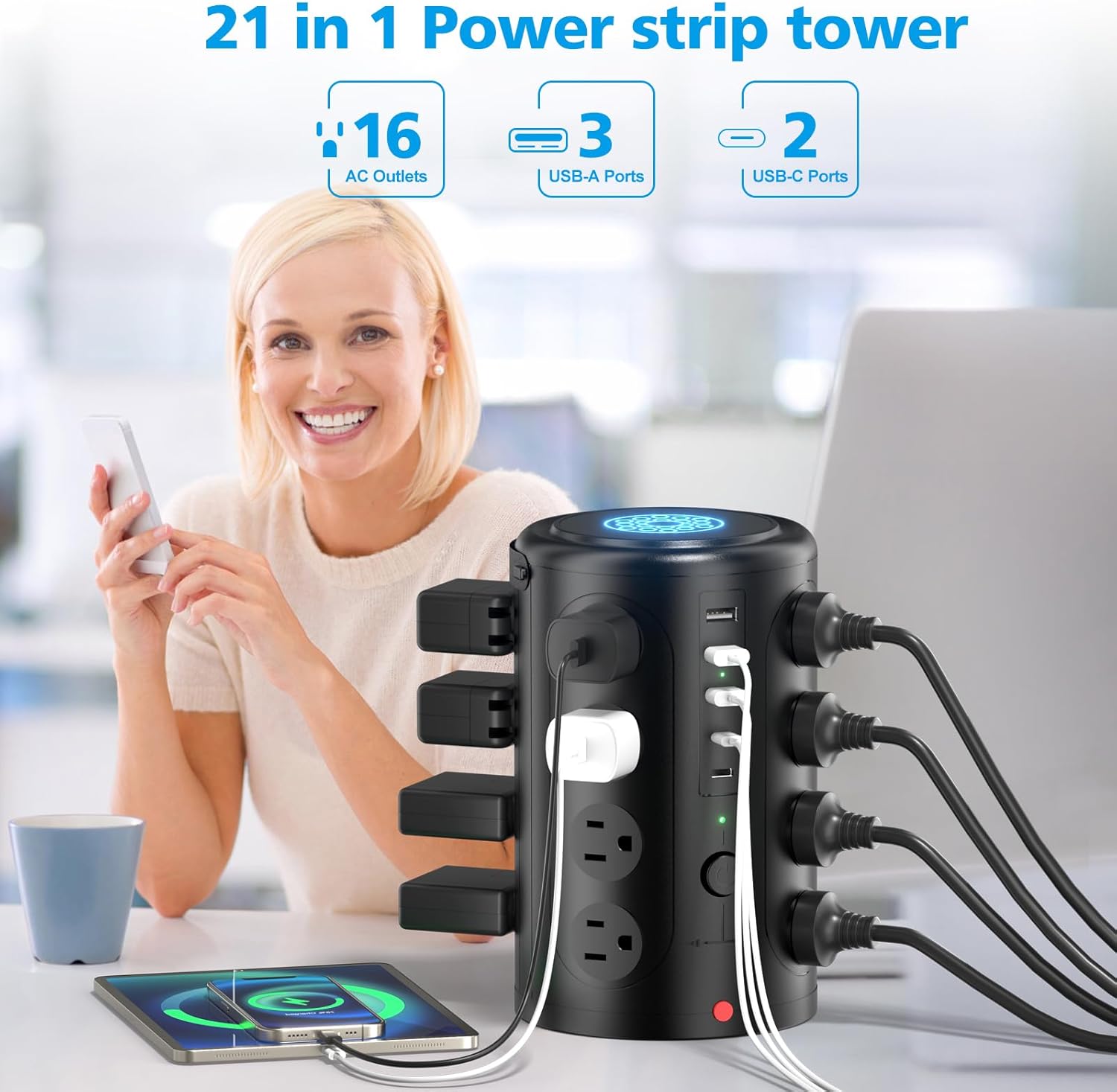 Thumbnail 1 de Tower Power Strip Surge Protector 16 Outlets