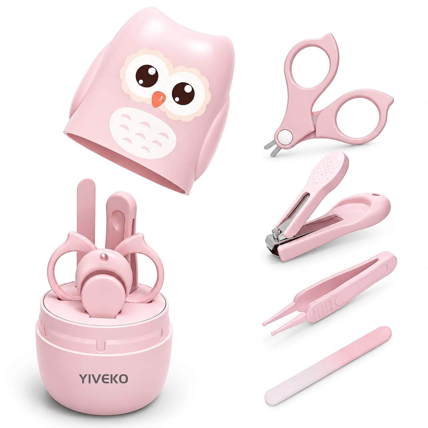 Detalle de YIVEKO 4-in-1 Baby Nail Care Kit with Pink Owl Case, Glass File & Scissors