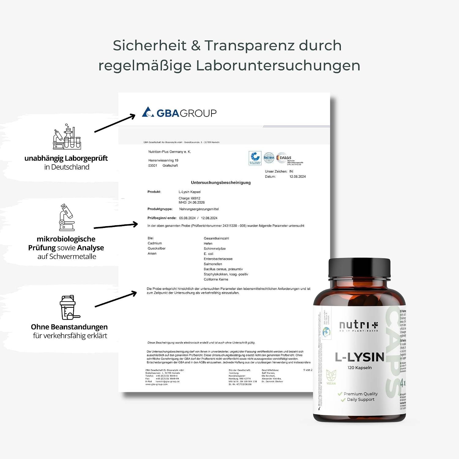 Thumbnail 5 de Nutri+ L-Lysin Kapseln hochdosiert + vegan – 120 Kapseln, 550 mg je Kapsel (2200 mg Tagesdosis)