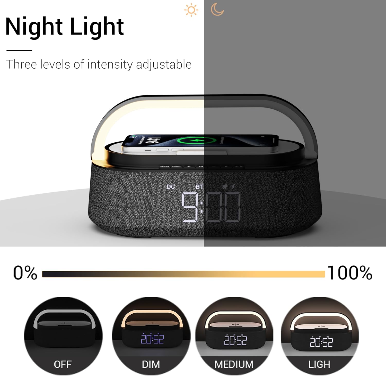 Detalle 2 de FREEFISH Bluetooth Speaker with Wireless Charger – 15W Quick Charge, FM Radio, Dual Speakers & Adjustable LED Night Light