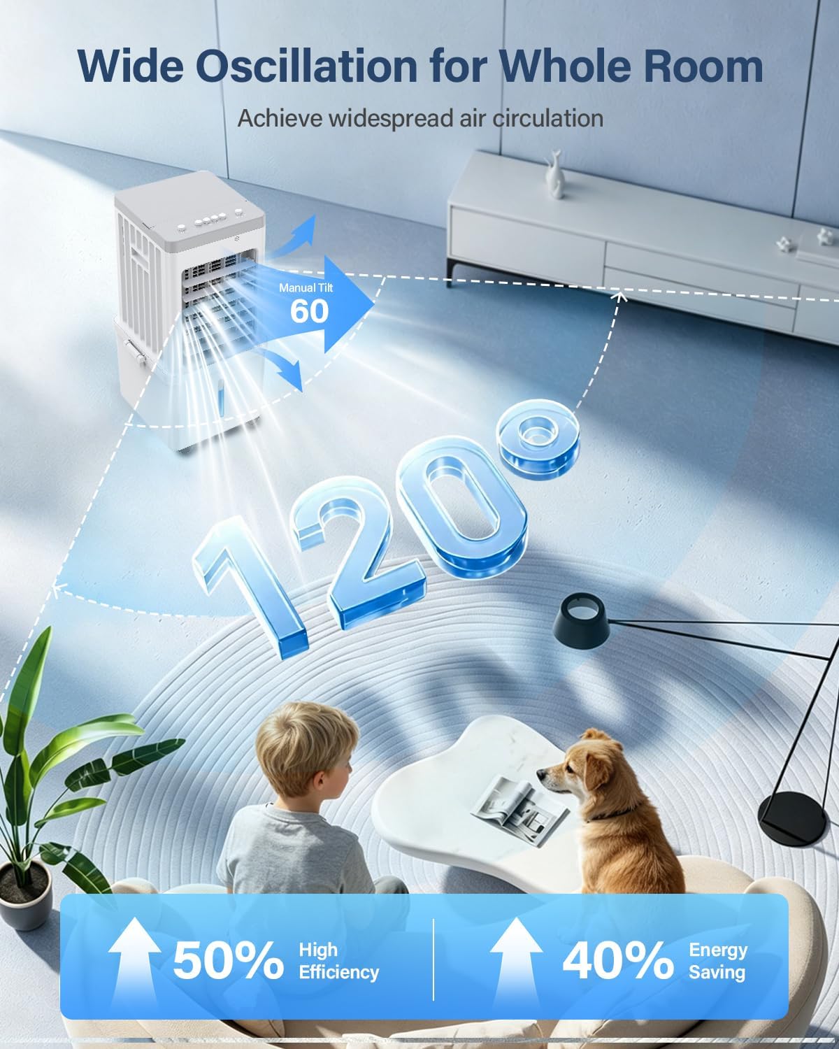 Thumbnail 5 de 12L Portable Air Conditioner Evaporative Air Cooler Fan (3 Speeds, 120° Oscillation) – Quiet 35dB, with Wheels