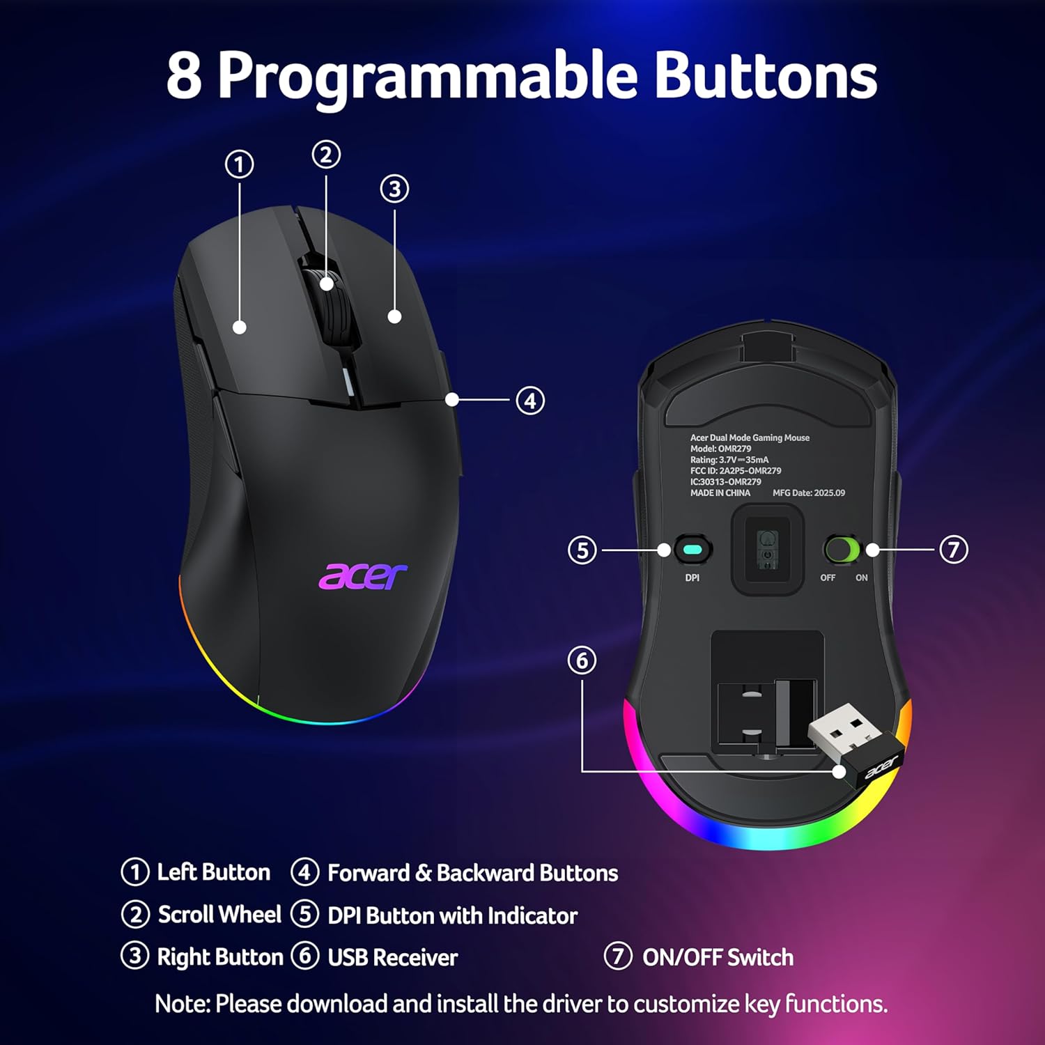 Detalle de Acer Wireless Gaming Mouse for Laptop — 24,000 DPI, Ambidextrous, 8 Programmable Buttons