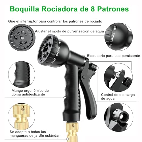 Detalle de Manguera de Jardín Extensible 7.5M (3x2.5M) Cunbayi con Pistola Rociadora de 8 Funciones
