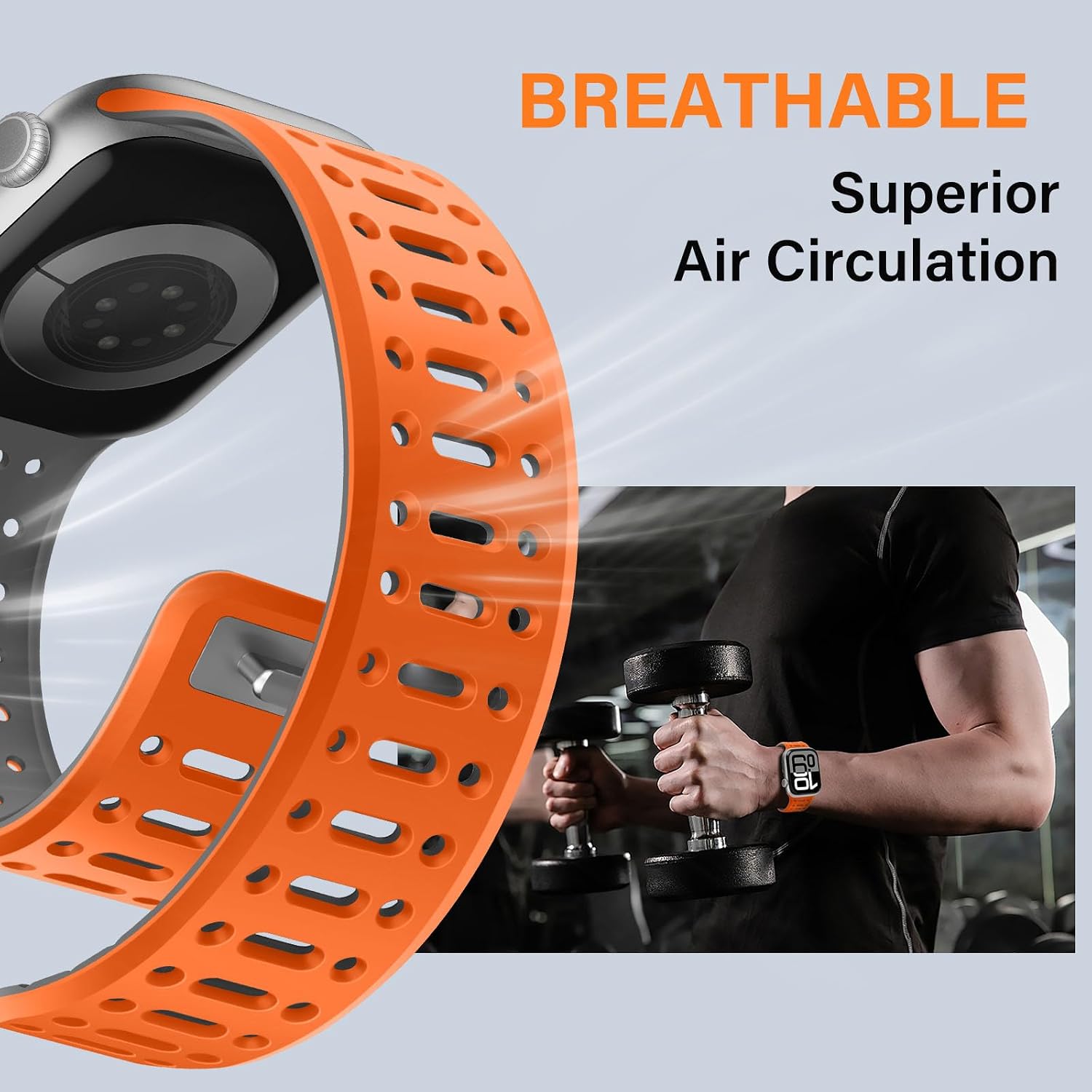Detalle de Sixmoat Magnetic Strap for Apple Watch (42mm/41mm/40mm/38mm) – breathable silicone sport band with button & tuck closure (Orange-Gray)