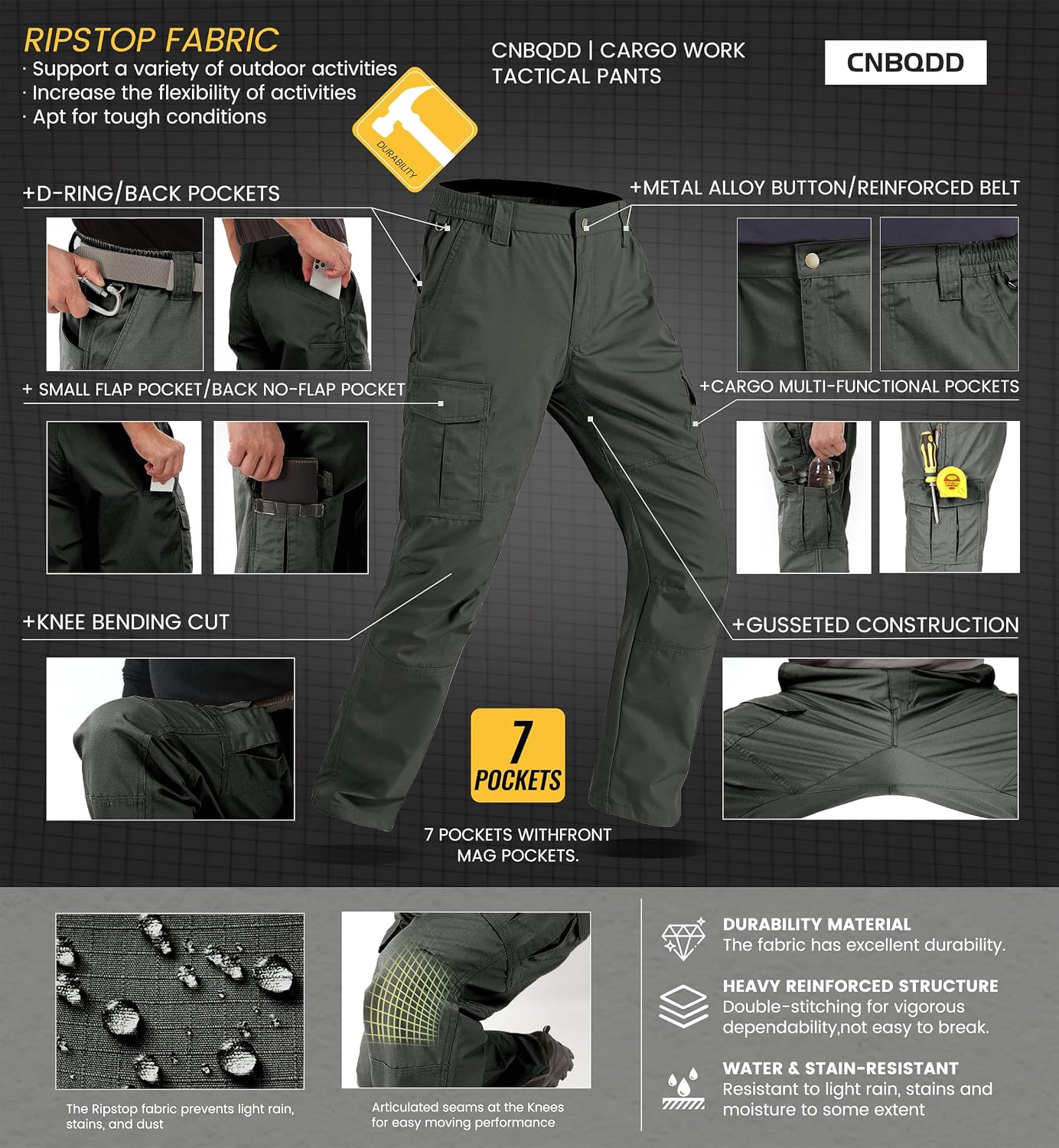 Detalle de CNBQDD Mens Work Pants: Ripstop Waterproof Cargo Pants with 7 Pockets