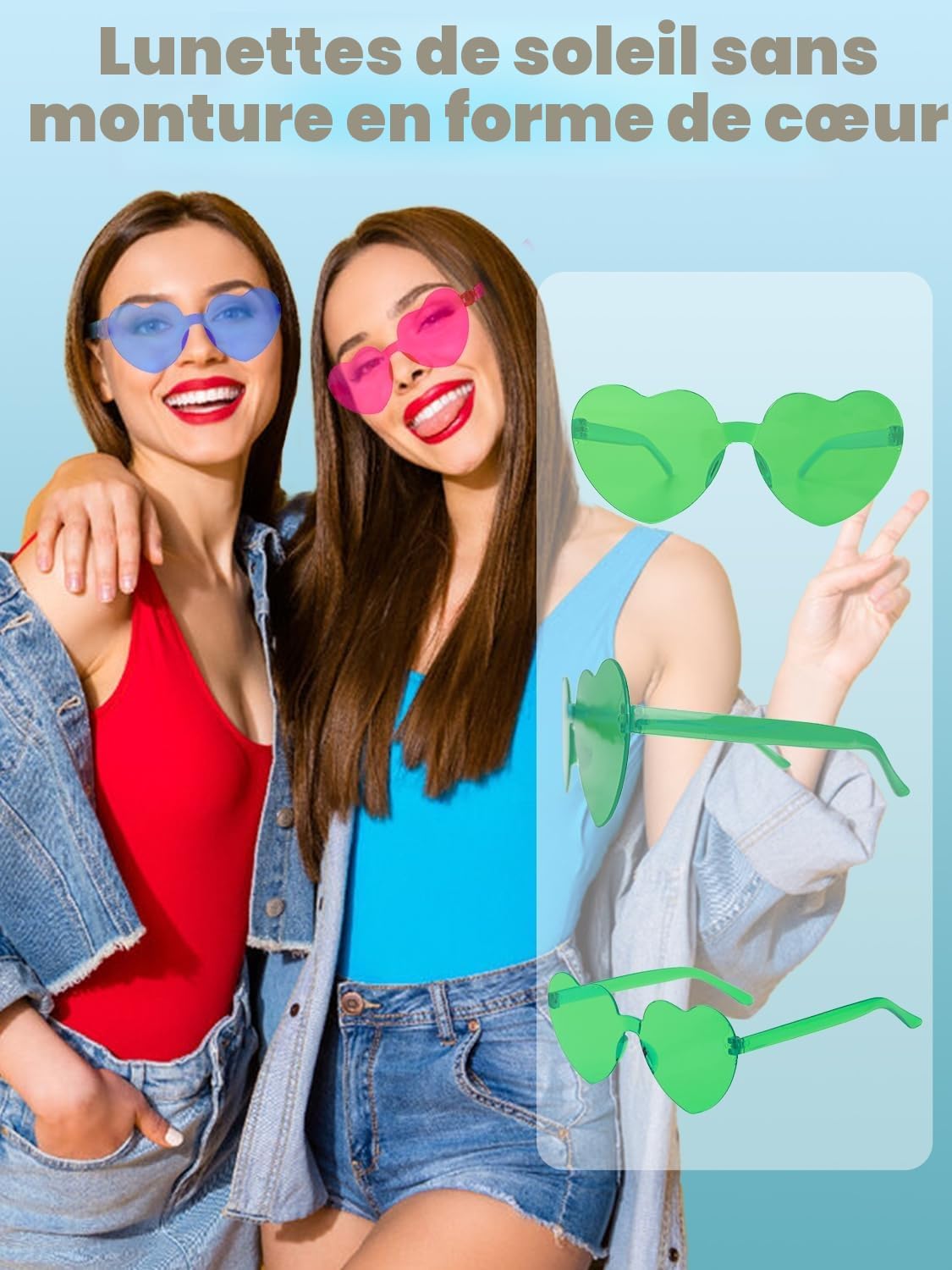 Detalle de BIRDDIE Lot de Lunettes de Soleil Coloré Sans Monture — Coeur, Plastique Hippie Transparente (12/24/36)