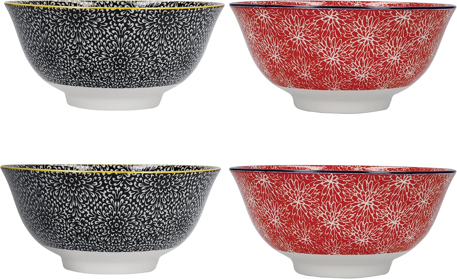 Detalle de KitchenCraft Glazed Stoneware Bowl Set of 4, Red and Black Floral, 700 ml