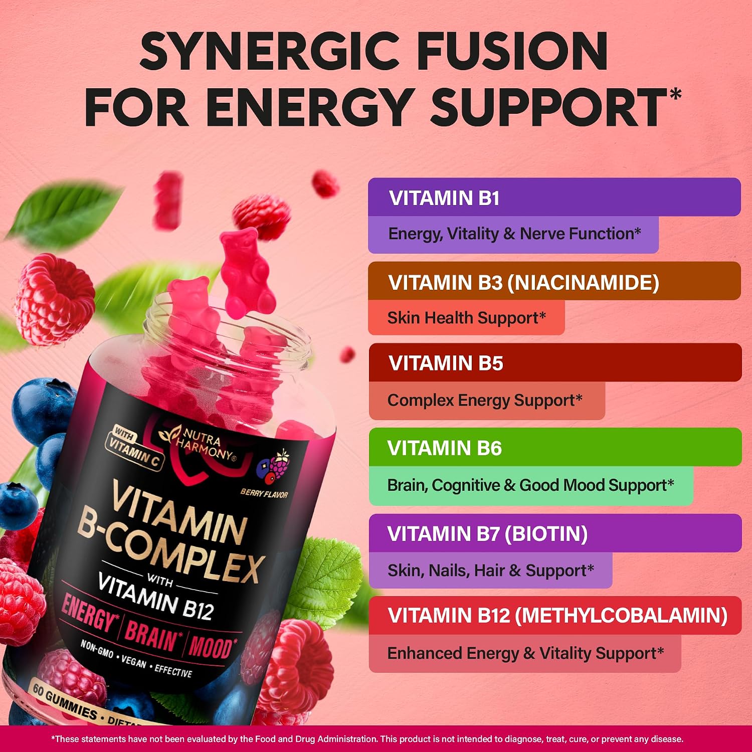 Detalle 2 de NUTRAHARMONY B-Complex Gummies, Vegan Mixed Berry with B12 and Vitamin C