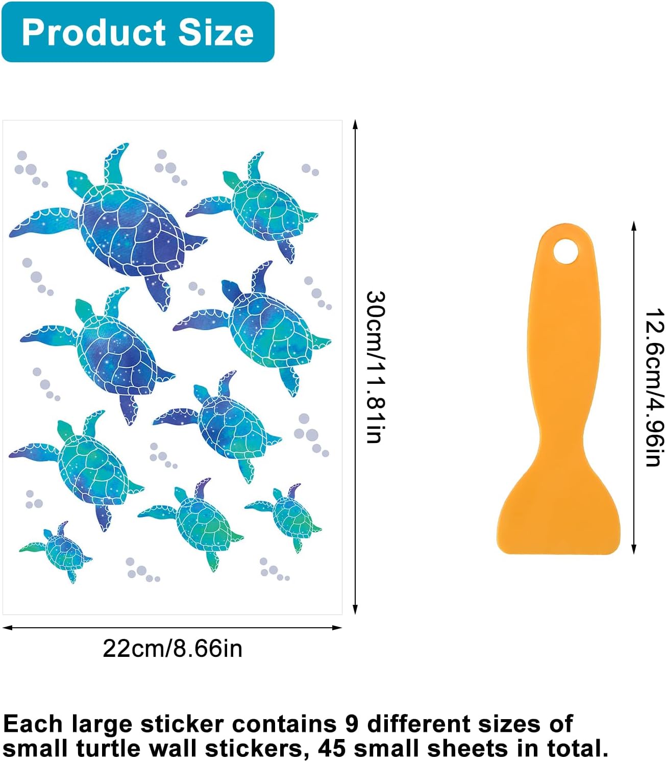 Thumbnail 3 de 45 Stück Meeresschildkröte Wandtattoo mit Gelbem Schaber – wasserfeste Vinyl-Aufkleber für Bad & Kinderzimmer (Blau)
