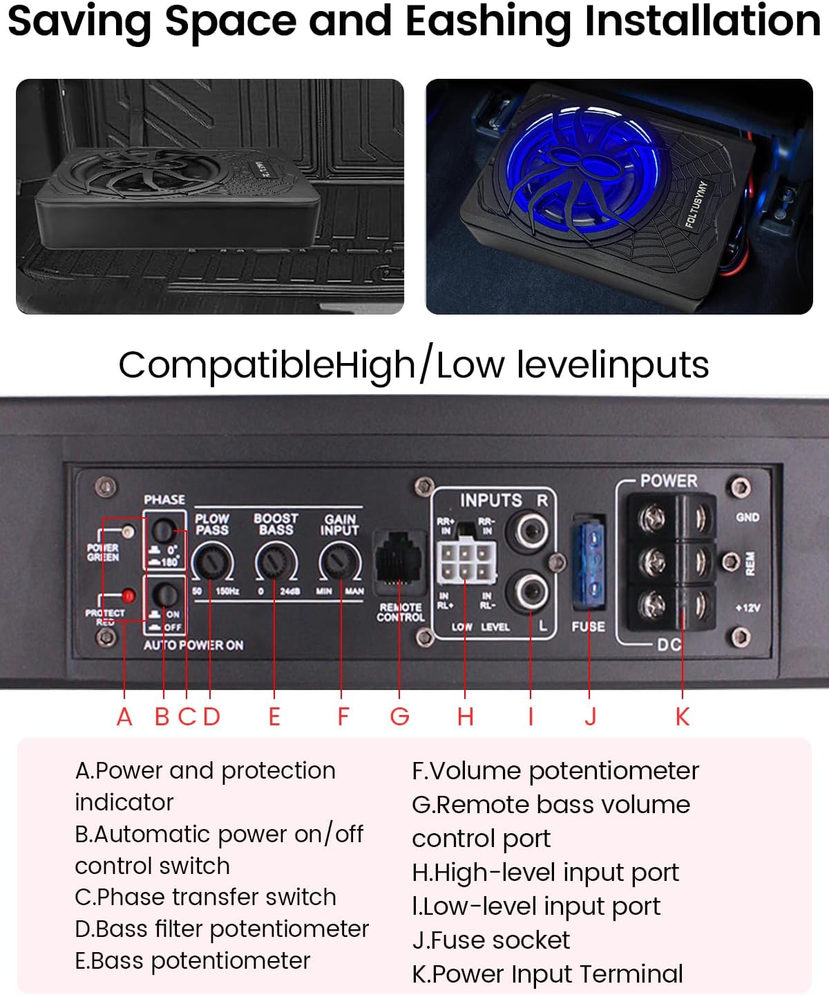 Thumbnail 5 de FOLTUSYMY 1200W 10-Inch Slim Under-Seat Powered Car Subwoofer (High/Low Inputs) with Blue LED