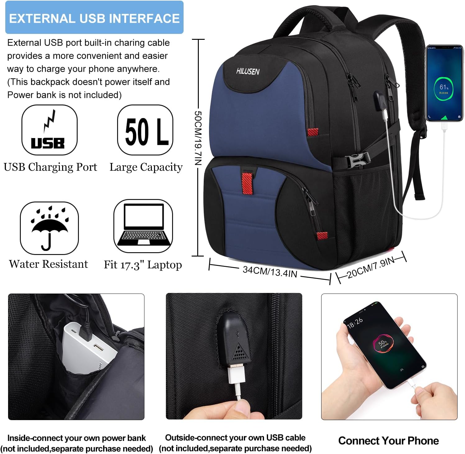 Thumbnail 4 de Hilusen Zaino Porta PC 17.3" 50L Impermeabile con Caricatore USB – Adatto Lavoro, Viaggio e Studio