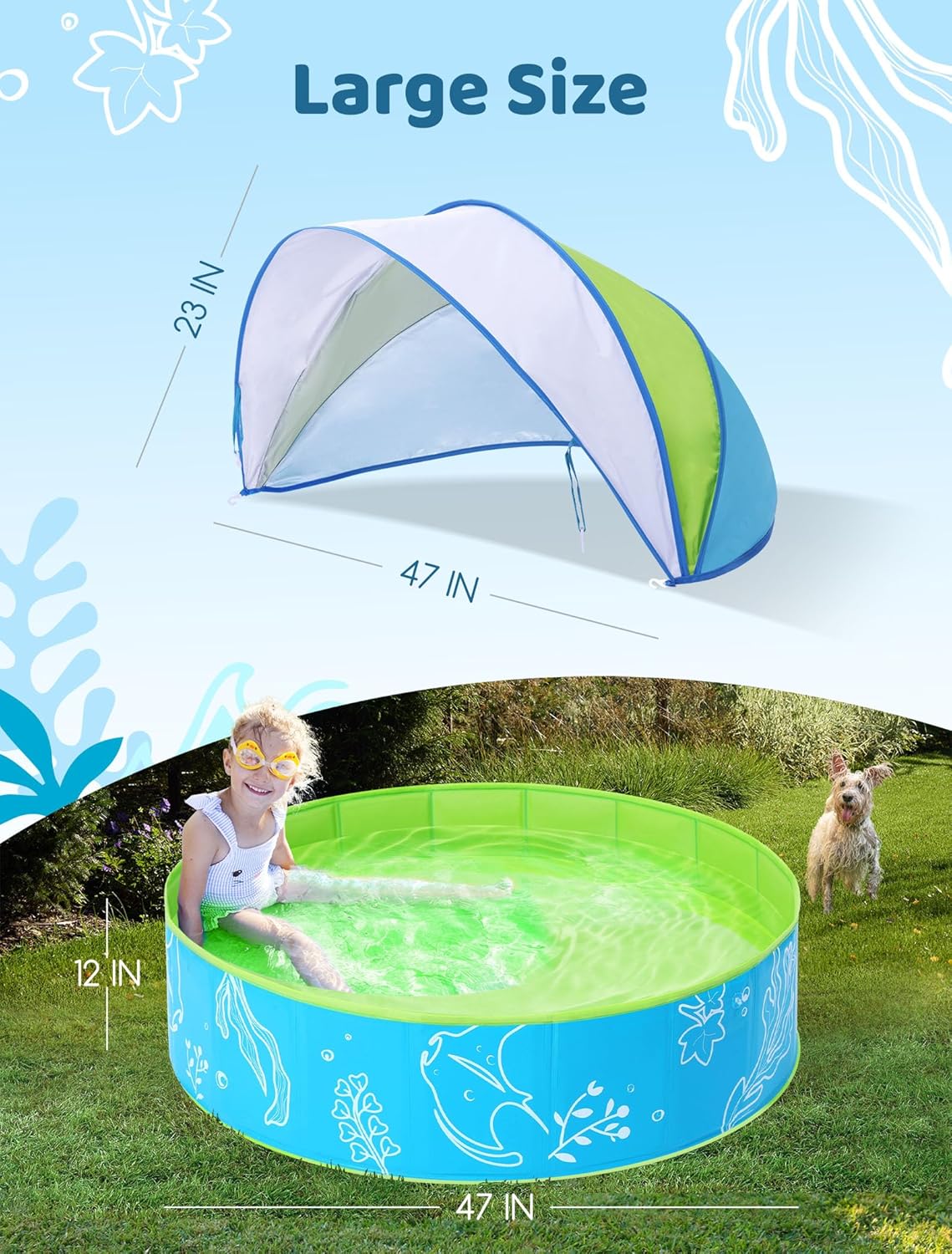 Thumbnail 2 de Hikiddy Planschbecken mit Schatten 120 cm – Pop-Up Pool mit Dach, Grün-Blau (Größe 120 cm)