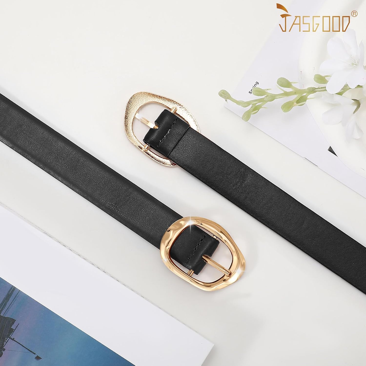 Detalle de JASGOOD Women’s Faux Leather Belt with Gold Buckle, 1.18-Inch, 10 Holes