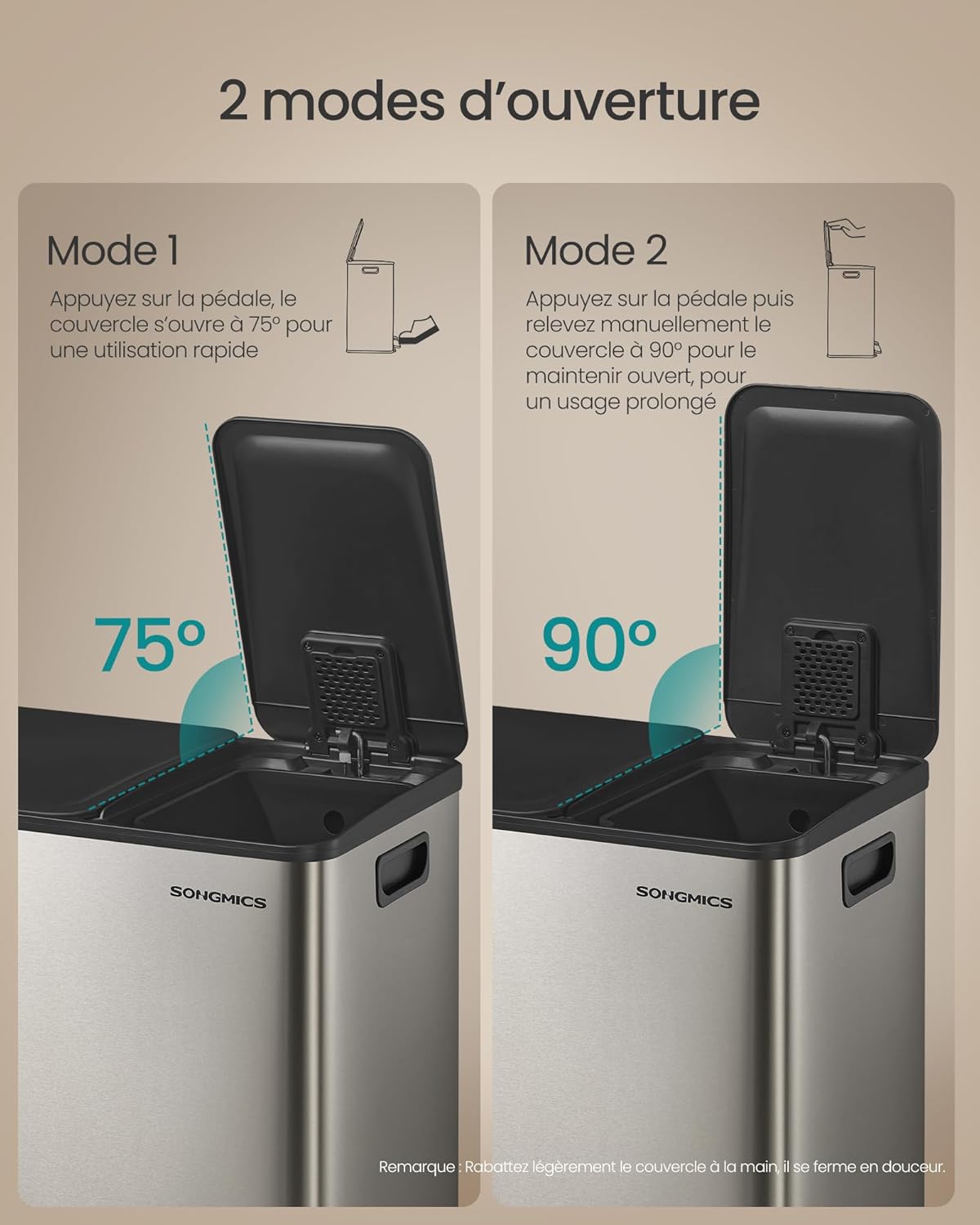 Thumbnail 2 de Songmics Poubelle de cuisine à pédale double compartiment 2 x 30 L (crème) LTB741AZ02