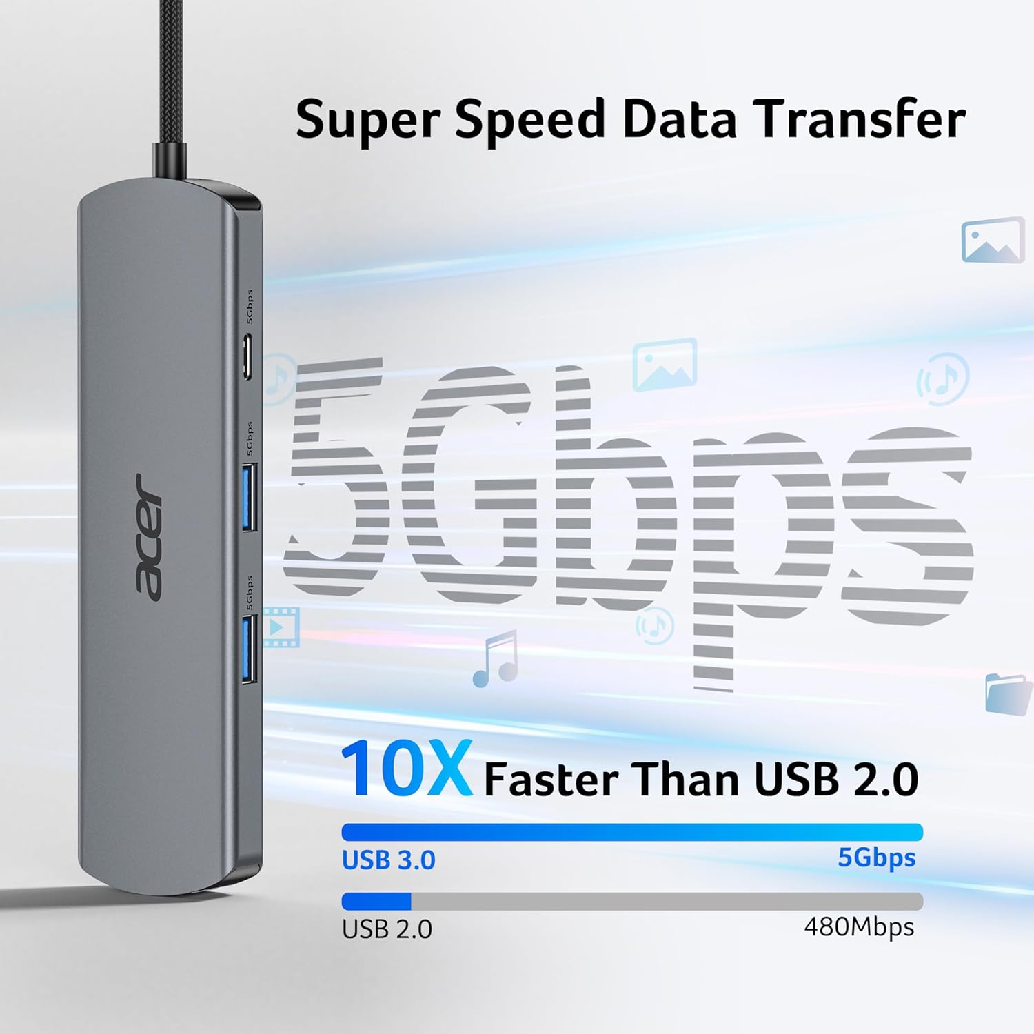 Detalle de Acer USB-C Hub 6-In-1: 1Gb Ethernet, 4K@60 HDMI, 2x USB-A, USB-C 5Gbps, 100W PD