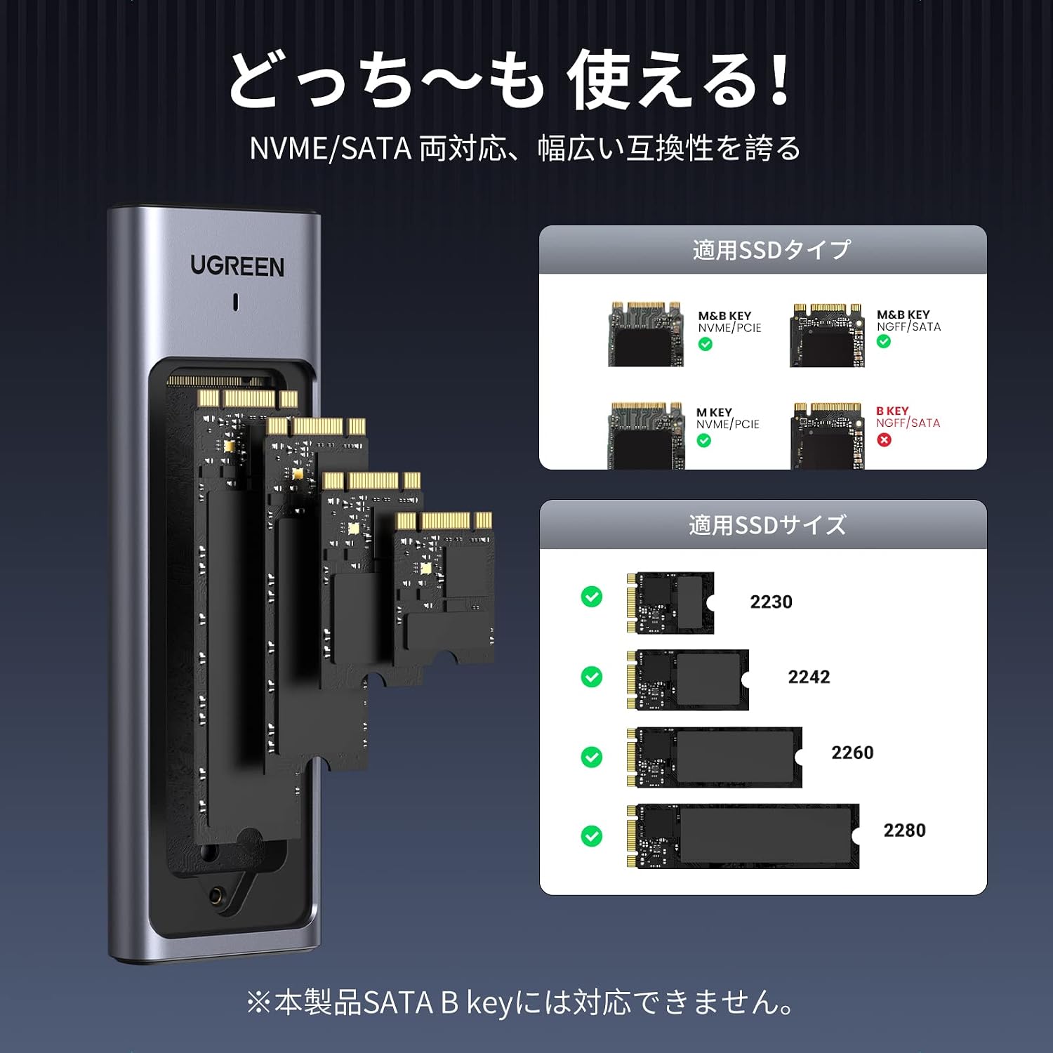 Detalle 2 de UGREEN M.2 SSD外付けケース NVMe/SATA対応 USB 3.2 Gen2・10Gbps