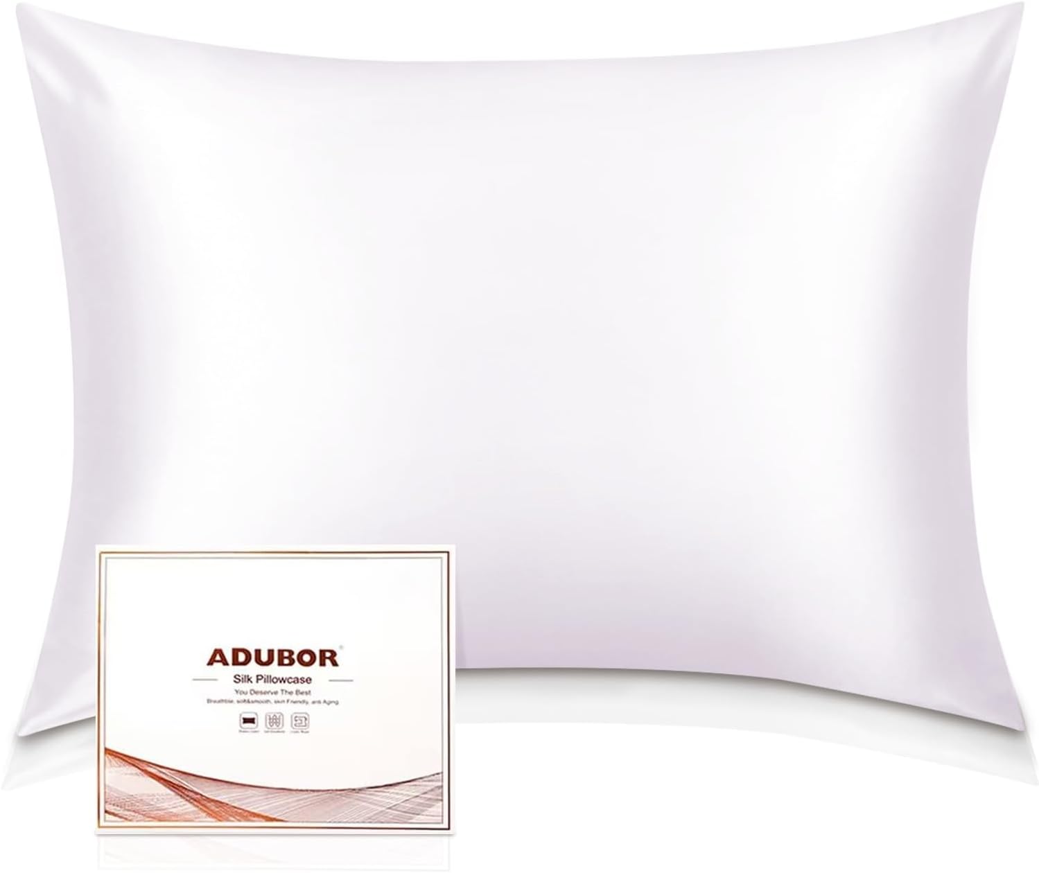 Detalle de Adubor 100% Silk Pillowcase (23 Momme) with Hidden Zipper, 20x30inch, White