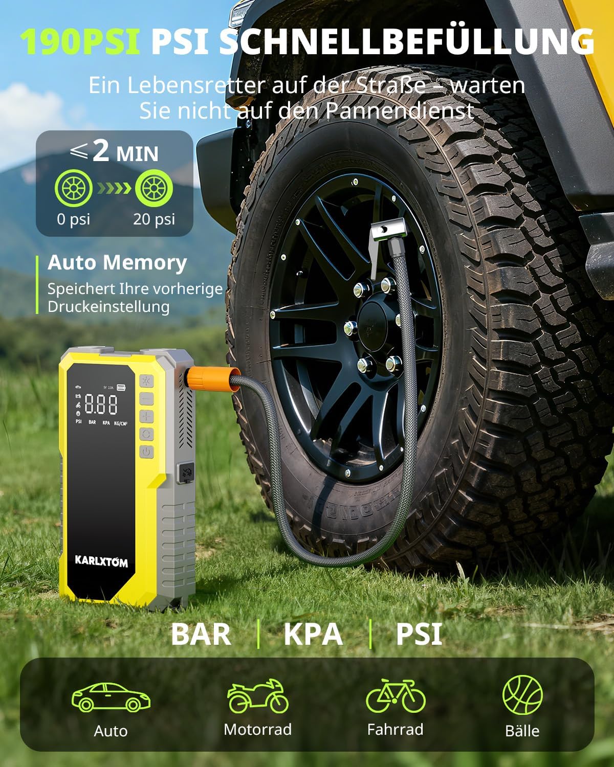 Detalle de Karlxtom Starthilfe Powerbank mit 4500 A, 190 PSI Kompressor, 88 Wh & LED-Licht