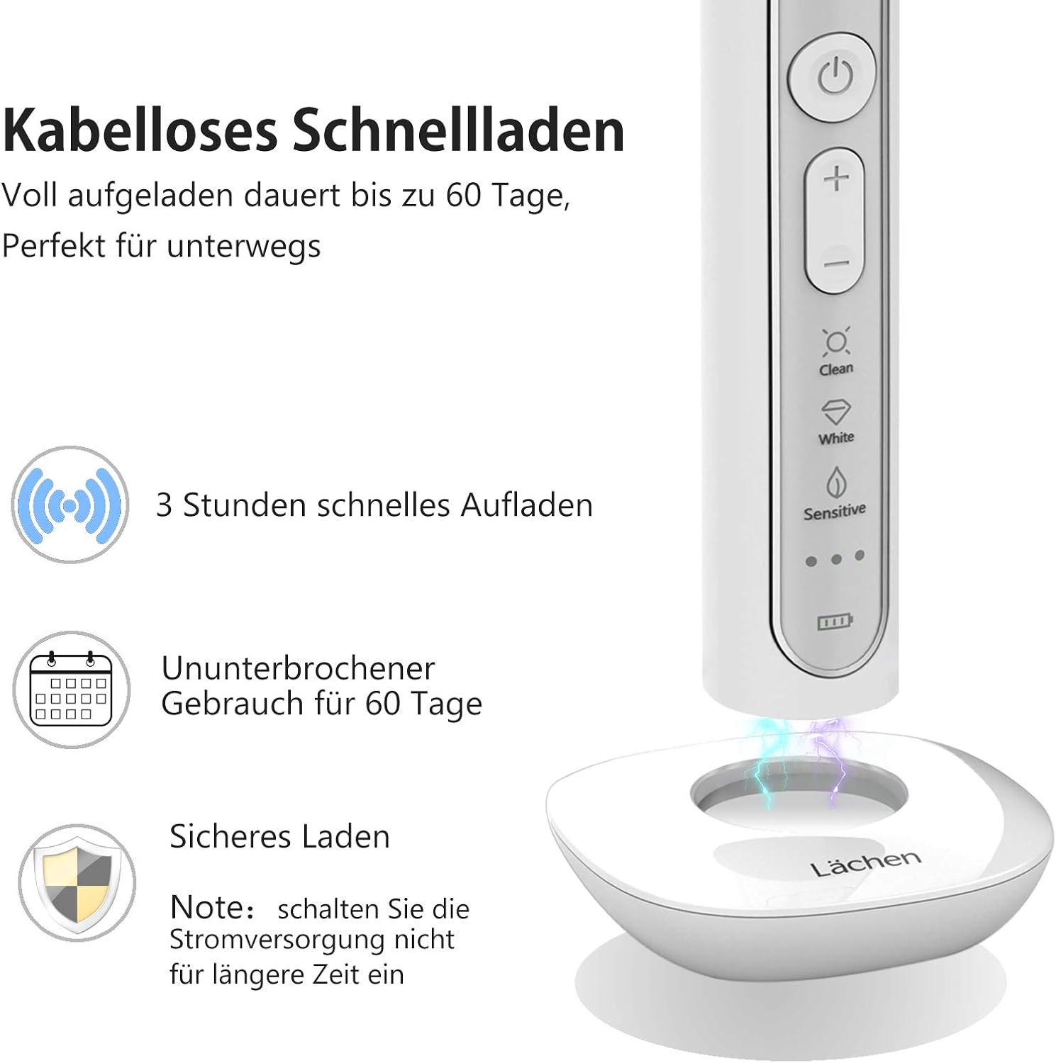 Thumbnail 3 de Lächen Sonic elektrische Schallzahnbürste mit Timer, 4 Aufsteckbürsten, 3 Modi und Reisetasche – weiß