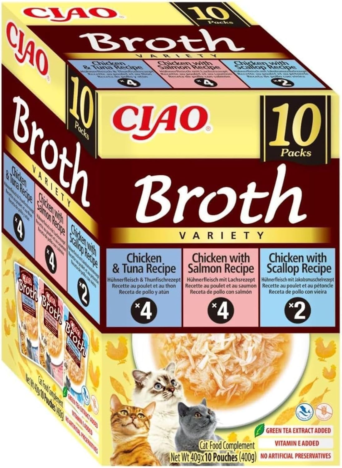 INABA CIAO Brodo di Pollo per Gatti in 3 Gusti — 10 Buste x 40 g, Cibo Umido con Straccetti di Pollo, Tonno, Salmone e Capesante
