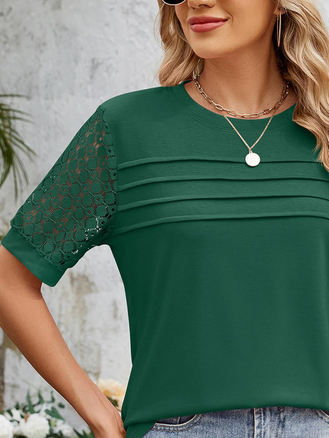 Thumbnail 4 de Famulily Womens Pleated Front T-Shirts: Lightweight Lace-Sleeve Top for Everyday Wear