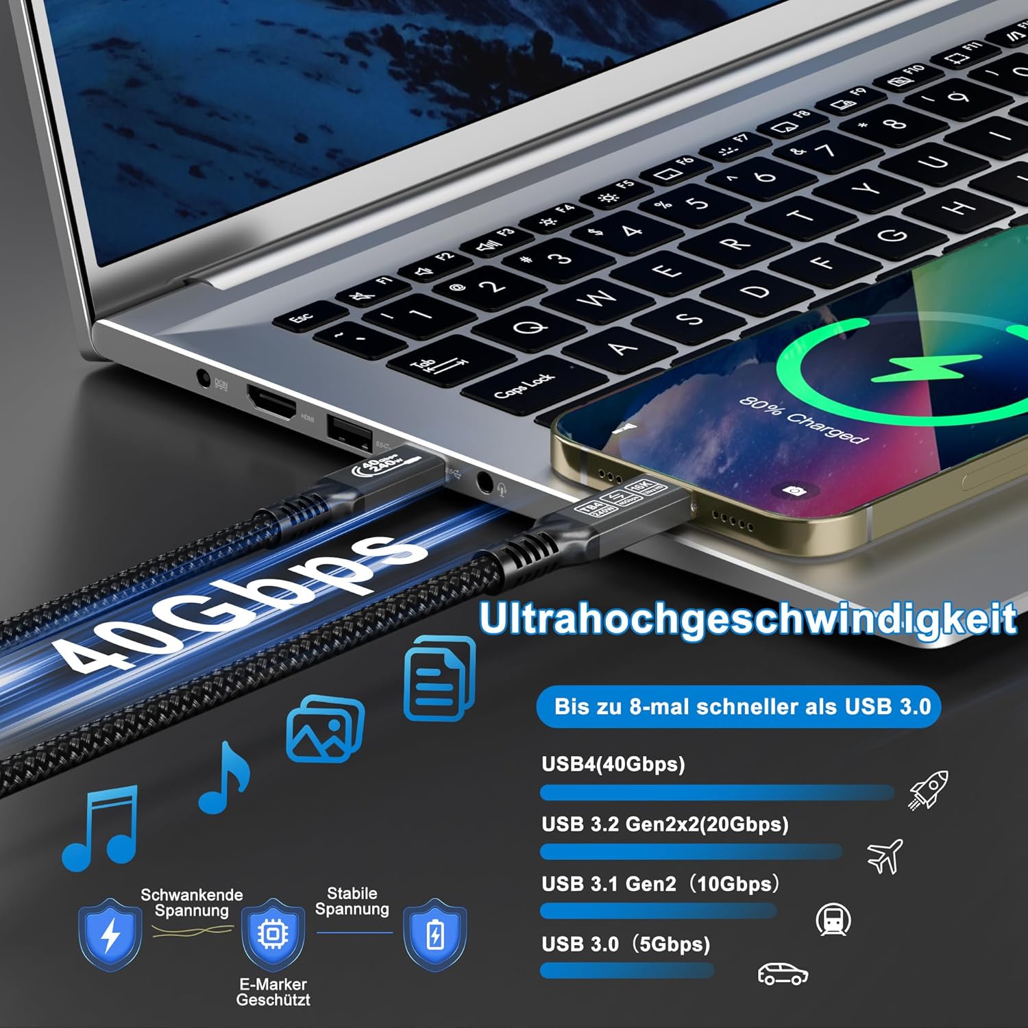Thumbnail 1 de CAKOBLE Thunderbolt 4 Kabel (USB-C) 0,5 m – 40 Gbit/s, 240 W Schnellladung & Dual-Display bis 4K/144 Hz
