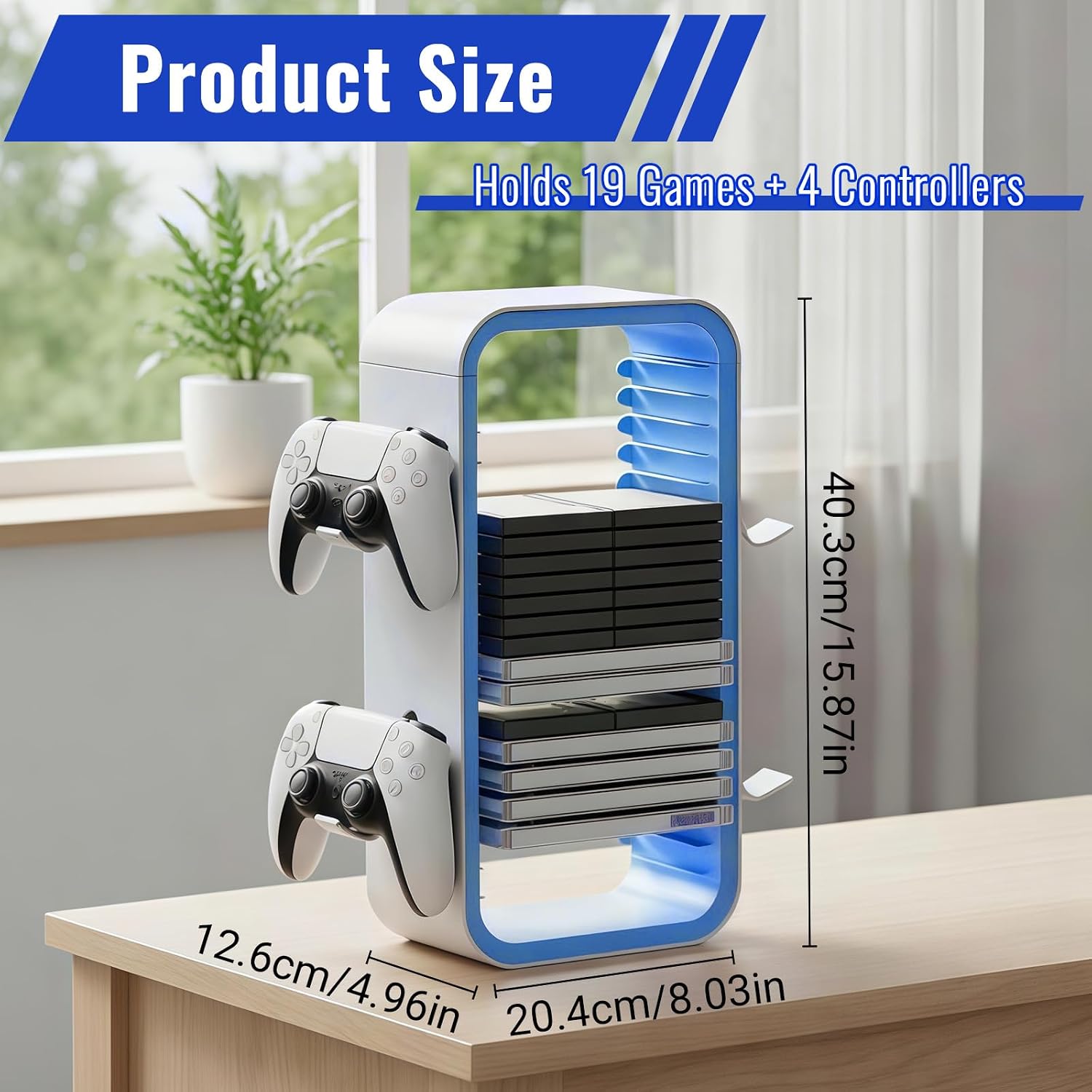 Detalle 2 de CHUNGG universal game storage tower for 19 DVD/Blu-ray cases with controller & headphone holders (white & blue)