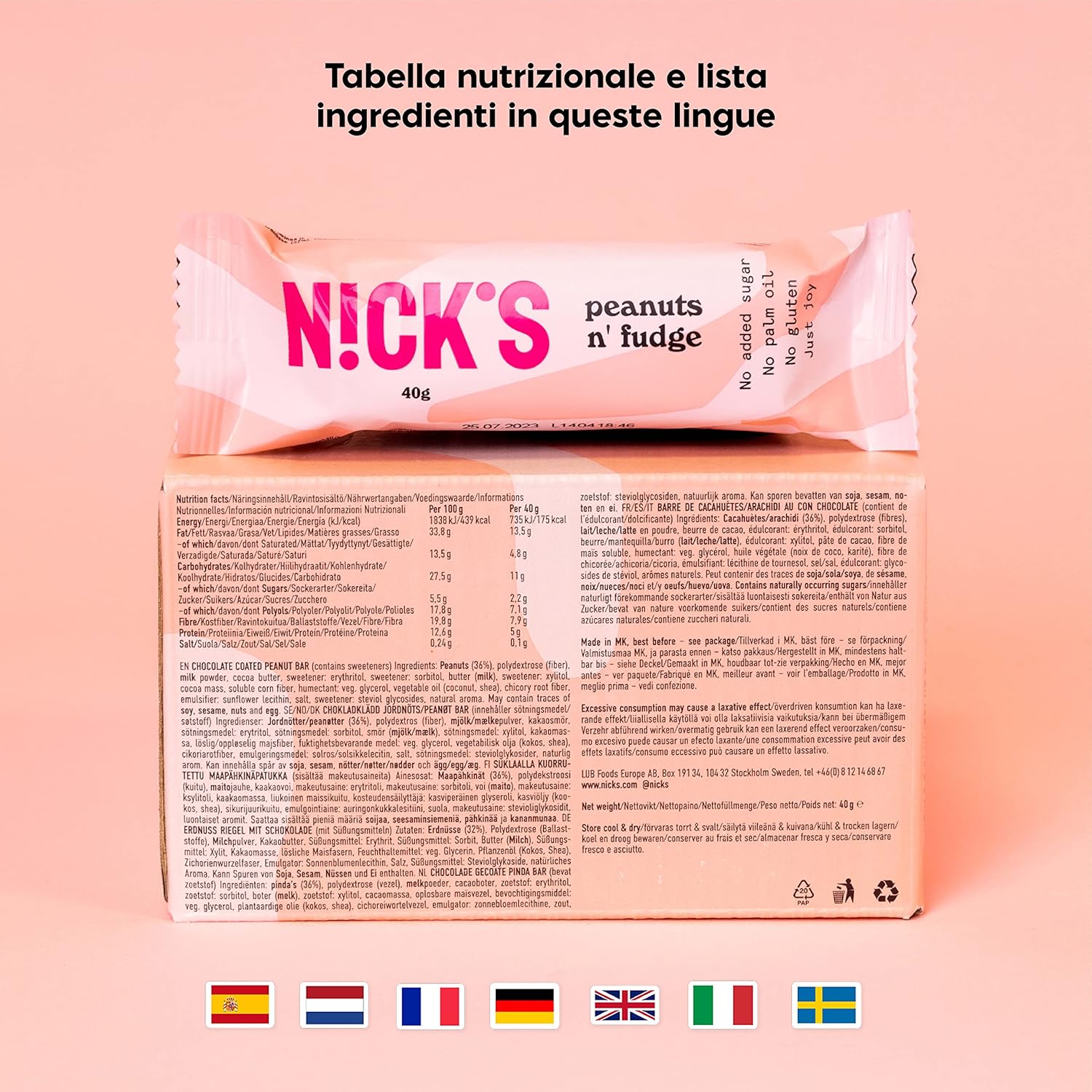 Thumbnail 1 de NICKS Keto Bar Peanuts n’ fudge: barrette al cioccolato al latte con arachidi e caramello, senza glutine (15x40 g)