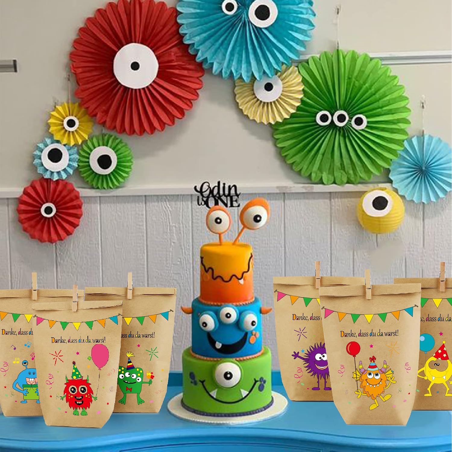 Detalle de Monster Geschenktüten Monster Papiertüten-Set (12 Stück) mit 6 Motiven und Holzklammern