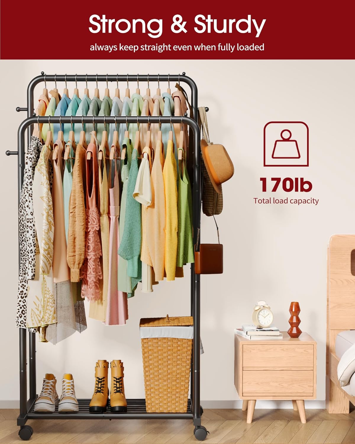 Thumbnail 2 de Sakugi Clothes Rail – Double-Rod Rustproof Clothes Rack with Anti-Slip Stoppers, Mesh Shelf and Wheels