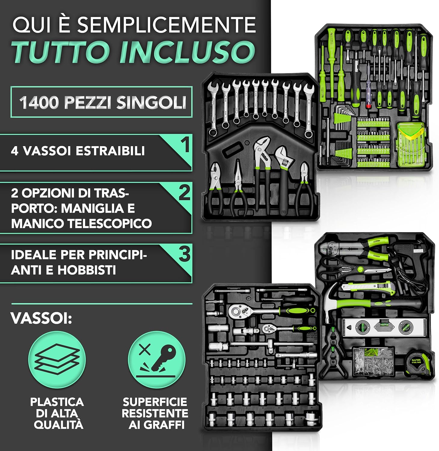 Thumbnail 1 de TRESKO Valigia degli attrezzi 949 pezzi – cassetta portattrezzi con trolley verde