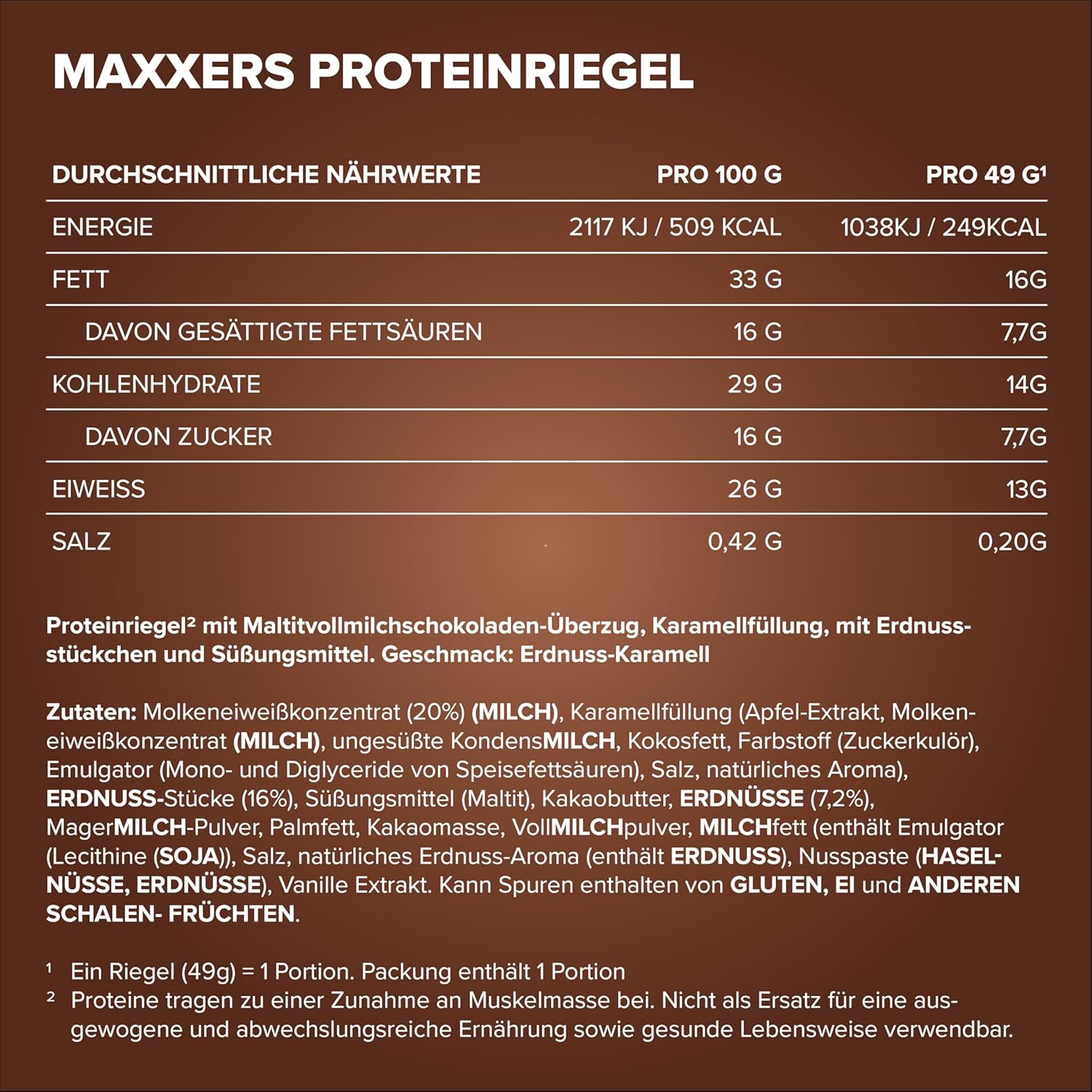Detalle 2 de IronMaxx Maxxers Proteinriegel – Peanut Caramel 12x49 g