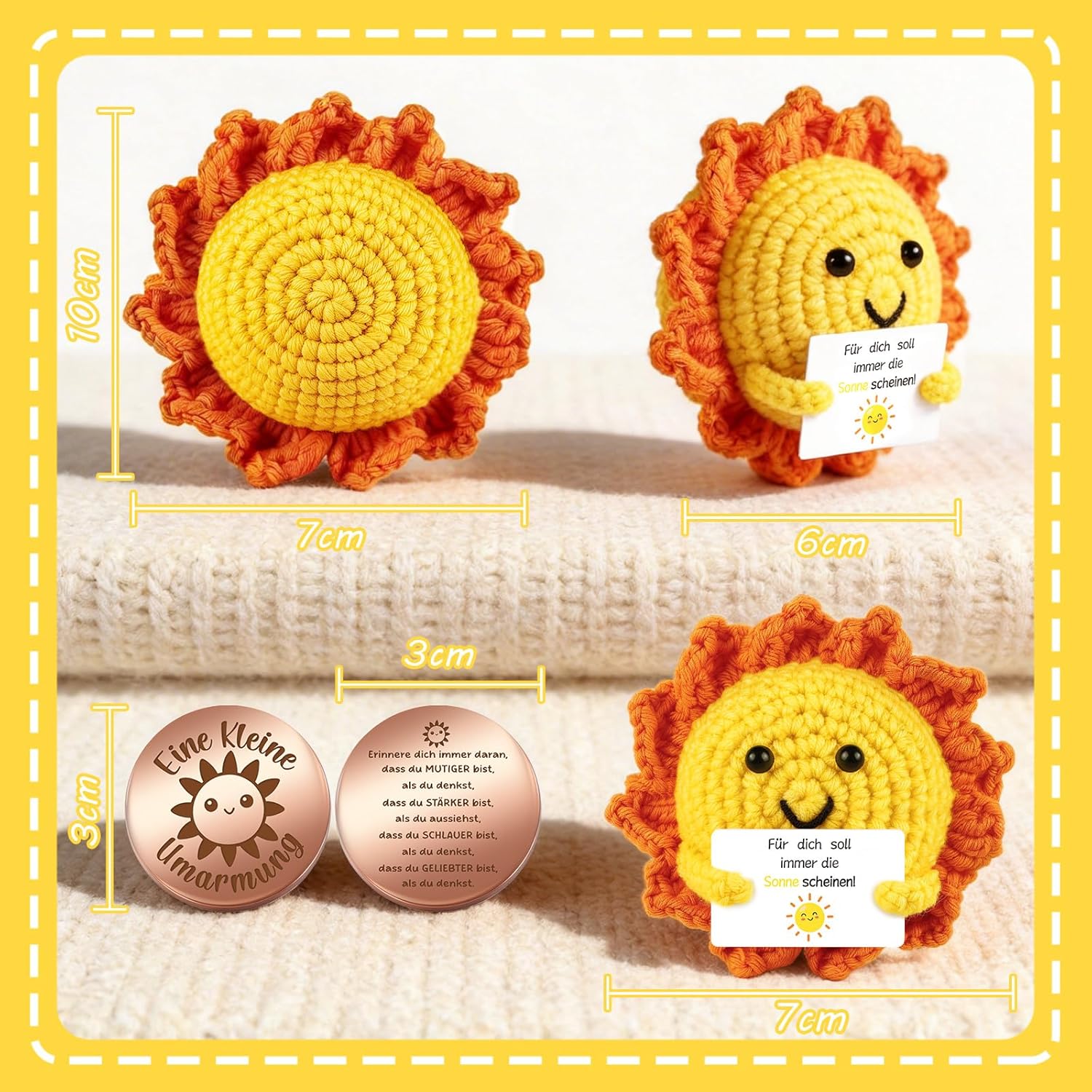Detalle 2 de Giftota Pocket Hug Sonne – handgehäkeltes Glücksbringer-Set mit Münze und Motivationsbotschaft