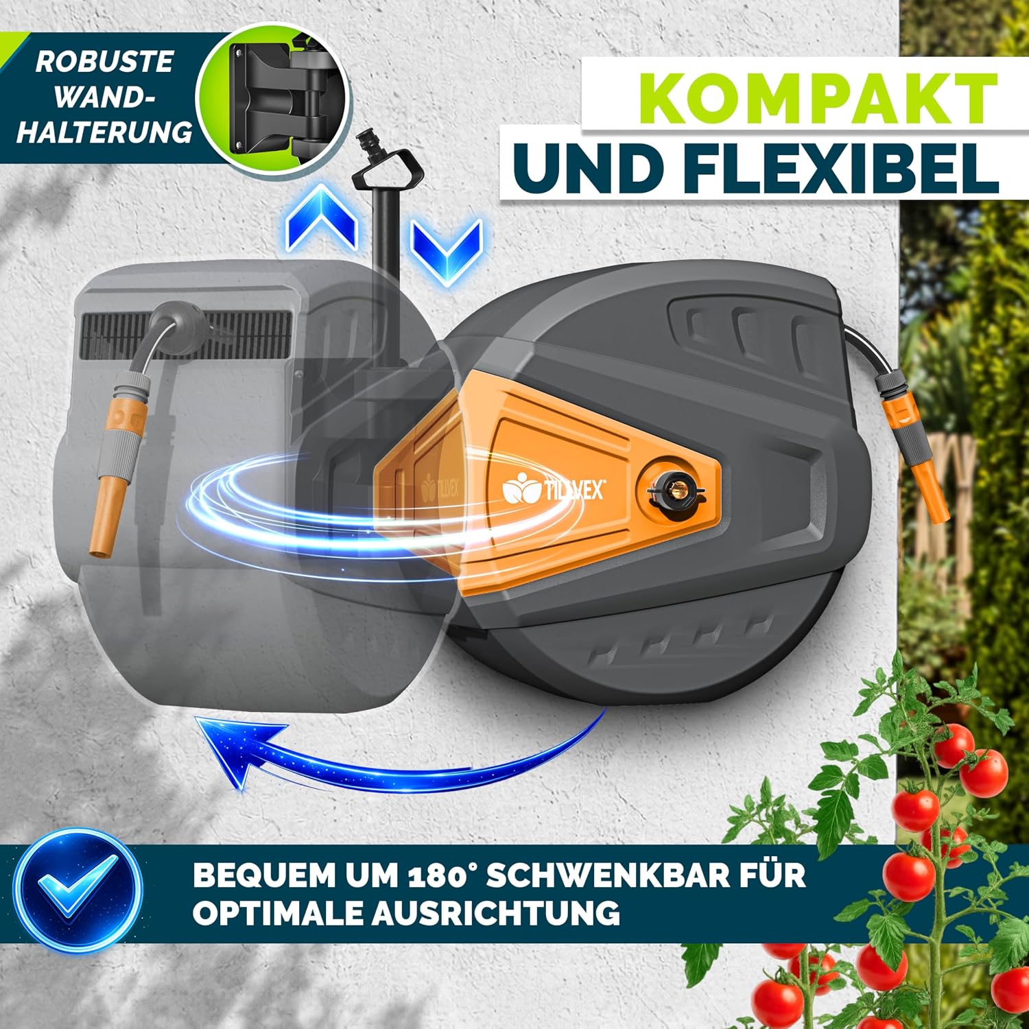 Detalle 2 de tillvex Schlauchtrommel mit Wandhalterung, 180° schwenkbar, Handbrause & 30 m Schlauch (Grau)