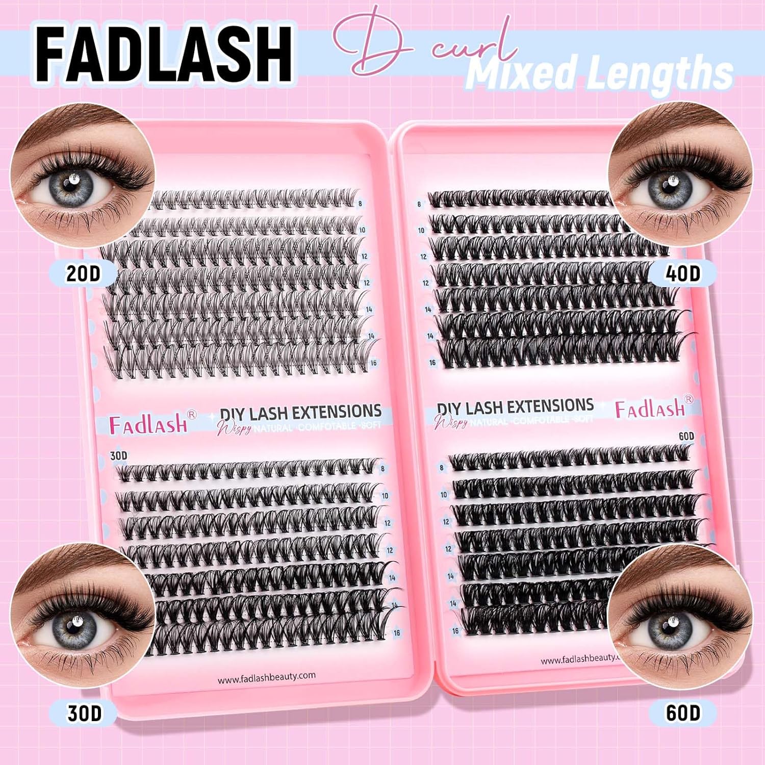 Thumbnail 5 de FADLASH 546-teiliger Wimpern-Cluster Set (20D/30D/40D/60D) in Wispy-Lash C-Welligkeit, 8–16 mm