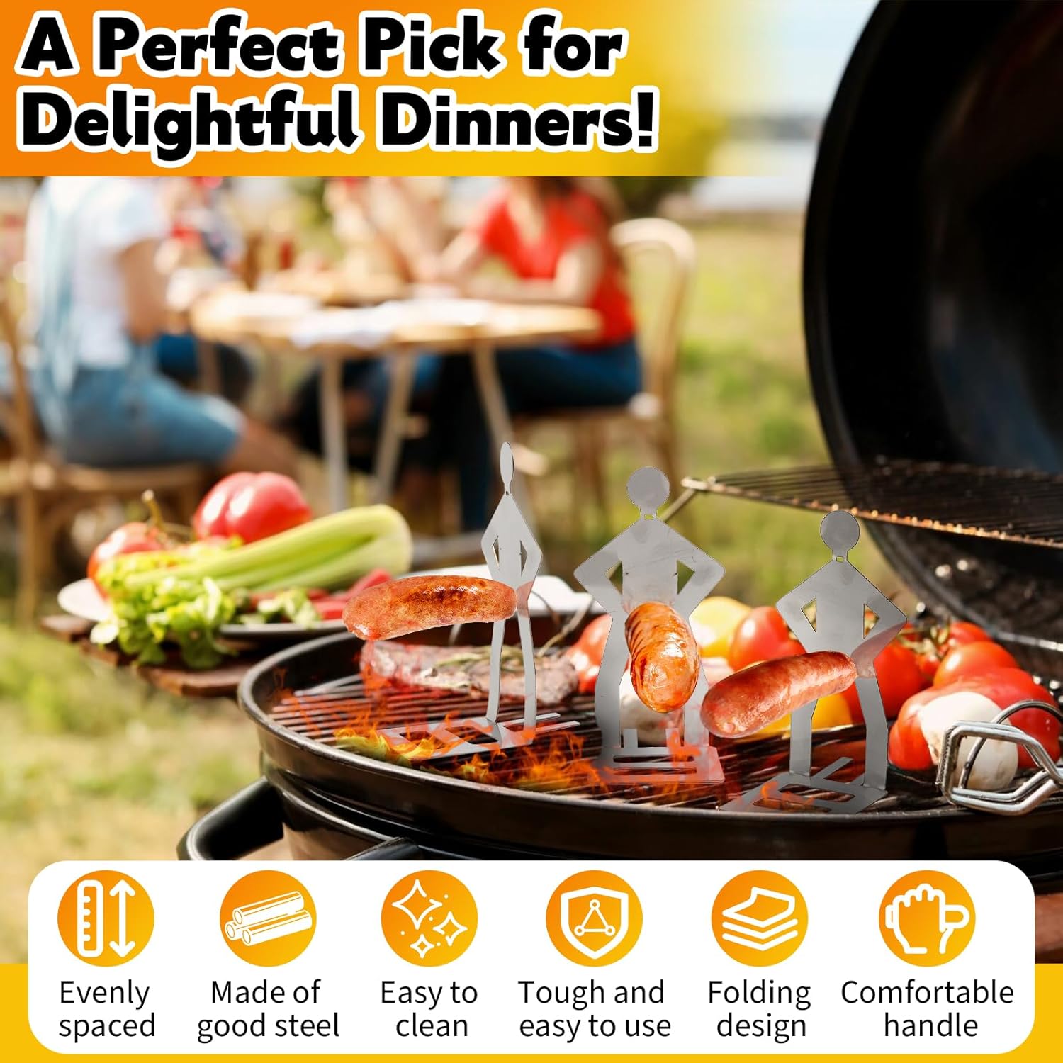 Detalle de 3 strumenti divertenti per barbecue: forchetta, supporto per salsicce in acciaio inossidabile e accessori per grigliare all'aperto