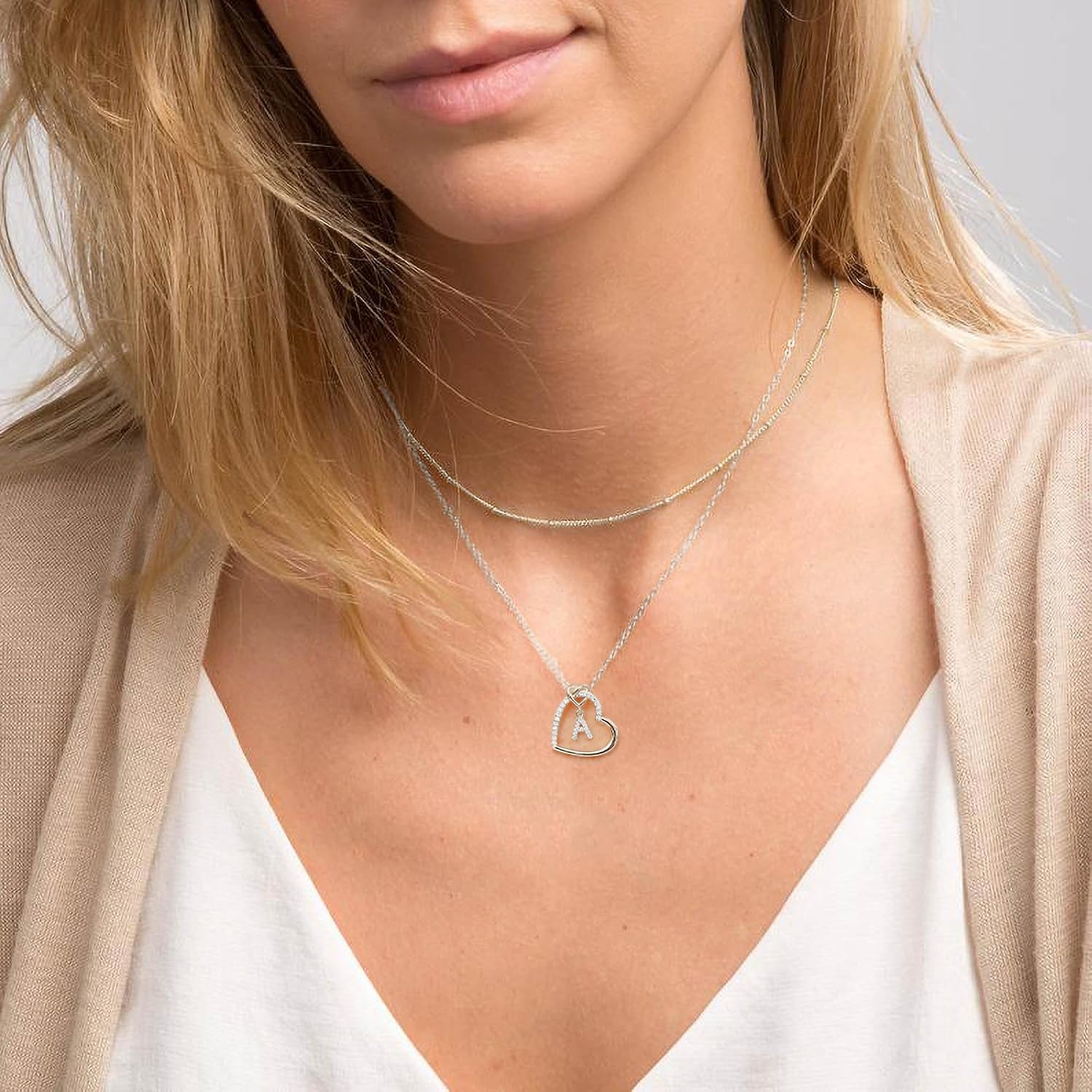 Detalle de TINGN Chaîne en or et argent avec lettres — pendentif cœur, or 14 carats rempli de zircons cubic, pour femme et fille