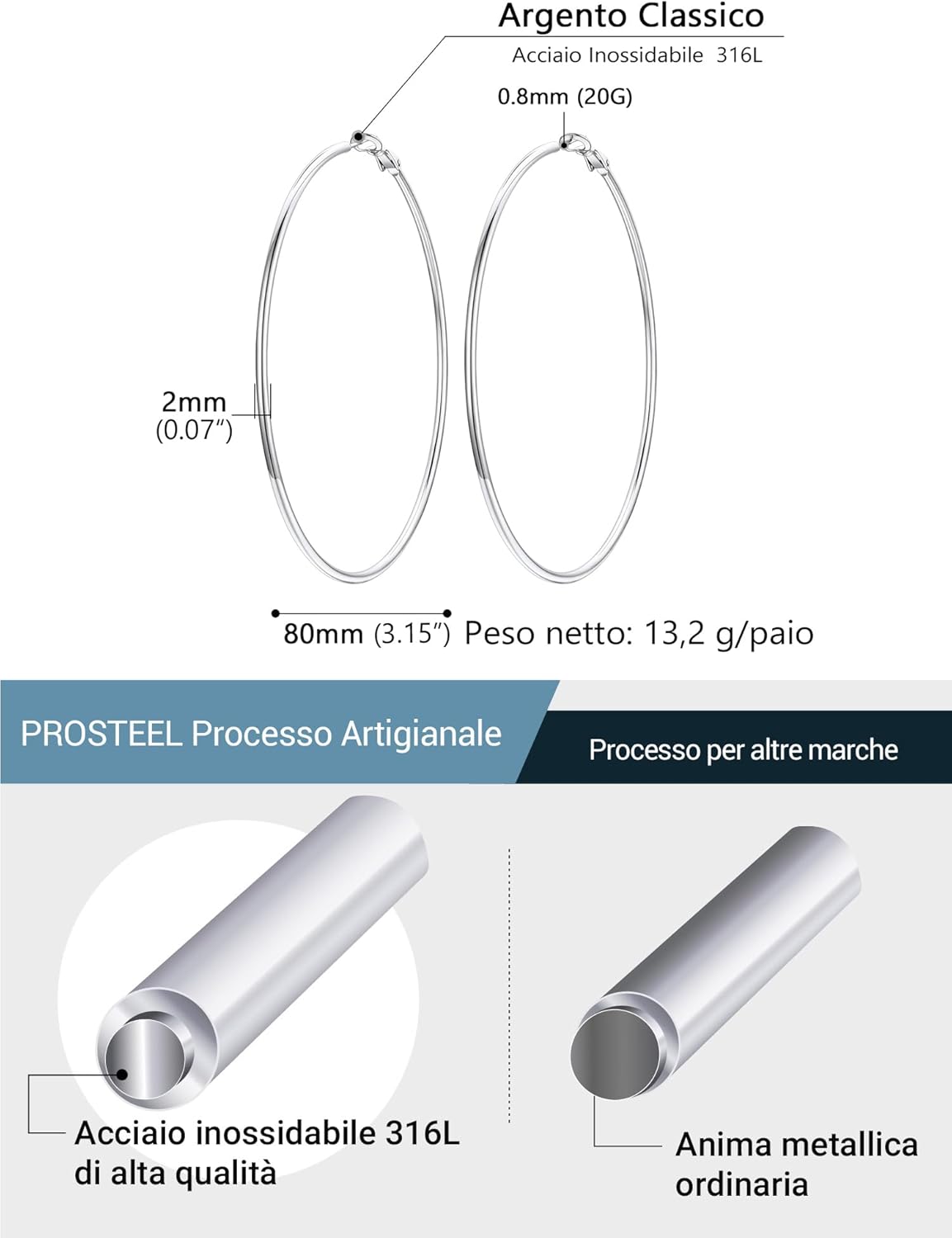 Thumbnail 2 de Prosteel orecchini a cerchio in acciaio inox 316L placcati oro 14K, anallergici e impermeabili (20–100 mm)
