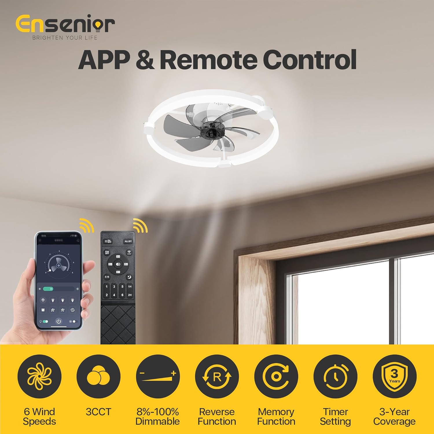 Detalle de Ensenior 50cm Ceiling Fan with Lights and Remote – Quiet, Dimmable LED and Remote Control