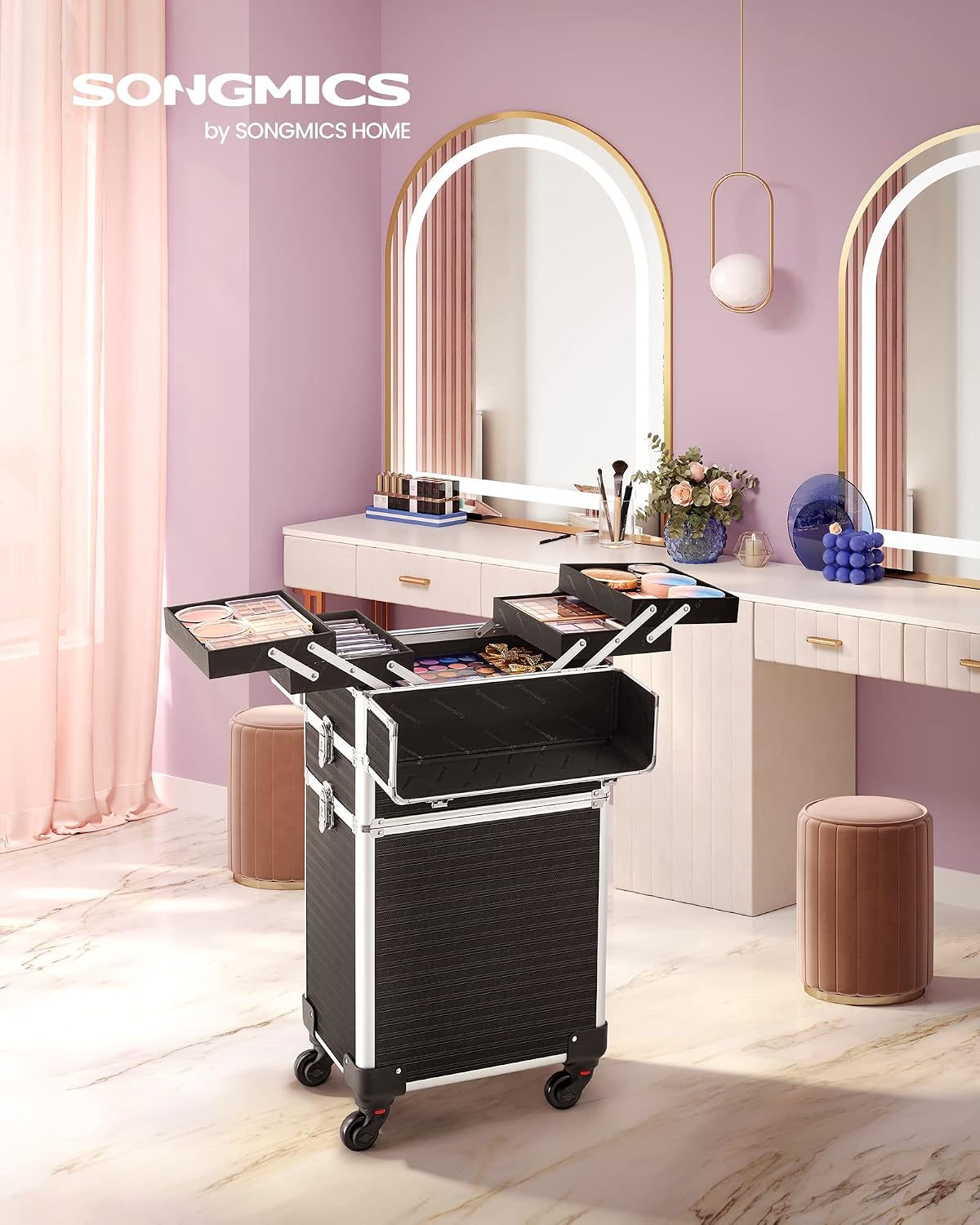 Detalle 2 de Mallette de maquillage professionnelle SONGMICS 3-en-1 XXL JHZ014B01 – Verrouillable, roulettes 360°, Noir
