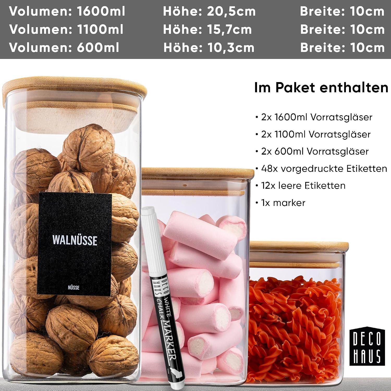 Detalle de Deco haus Vorratsgläser 6er Kombi-Set mit luftdichtem Deckel, Etiketten – Glasbehälter für Mehl, Müsli & Co.