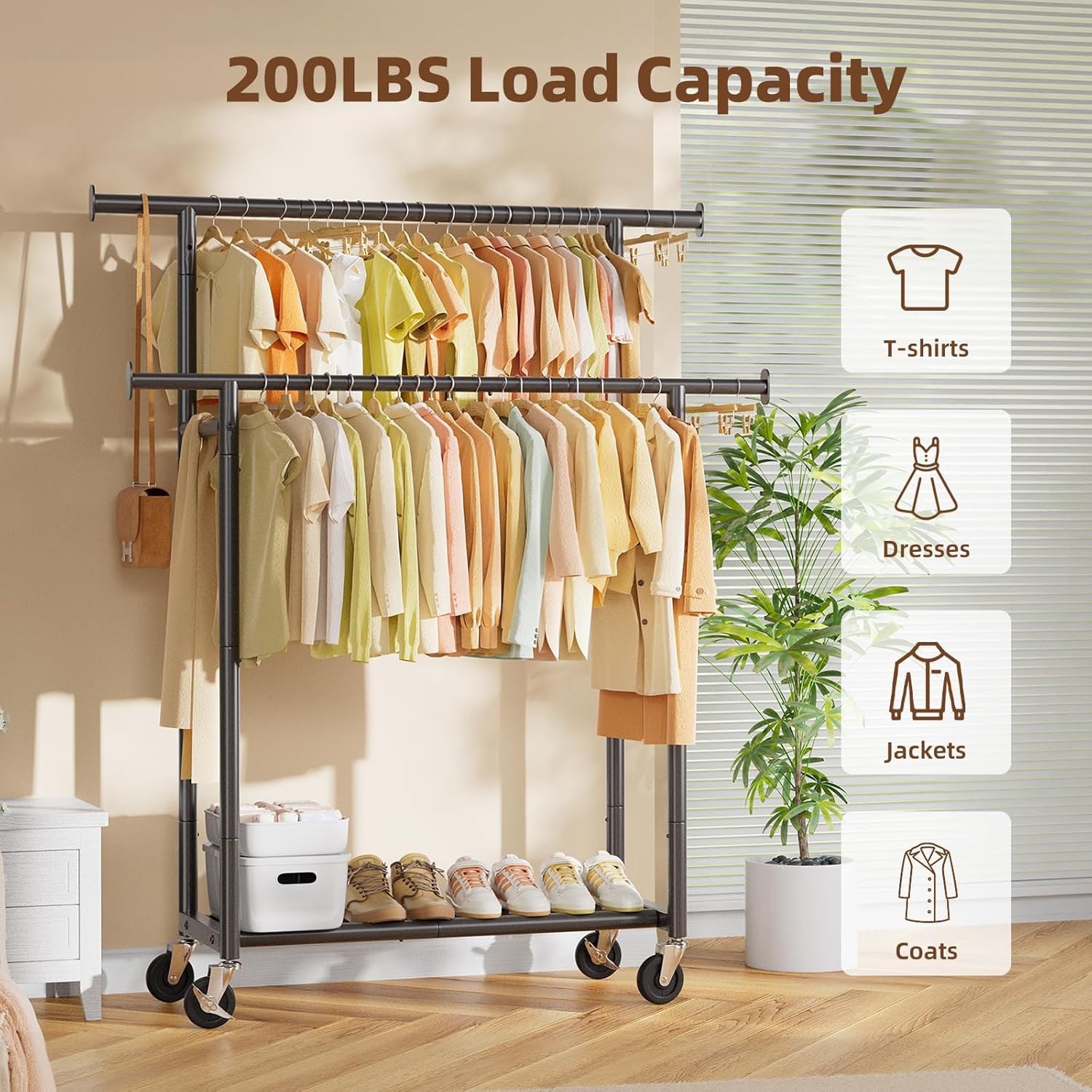 Detalle 2 de Simple Trending Double-Bar Portable Garment Rack with Wheels