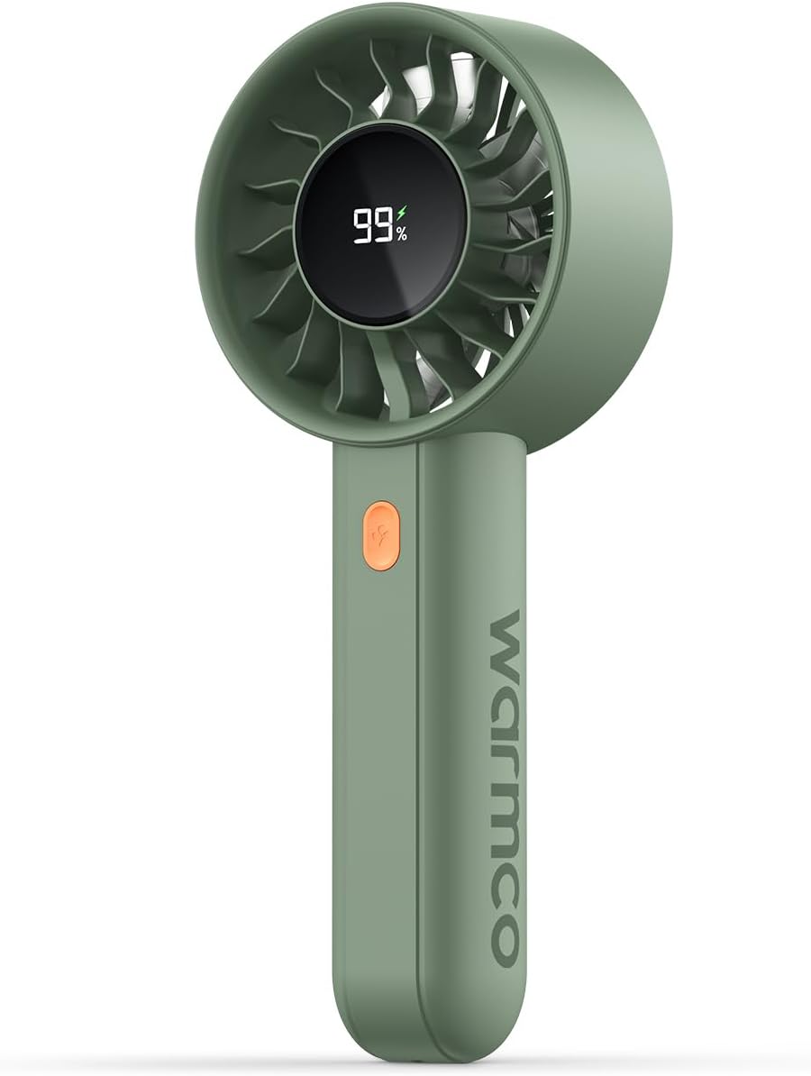Detalle de Warmco Portable Handheld Turbo Fan 5000mAh – 4-Speed, Base & Lanyard, LED Display, USB Rechargeable