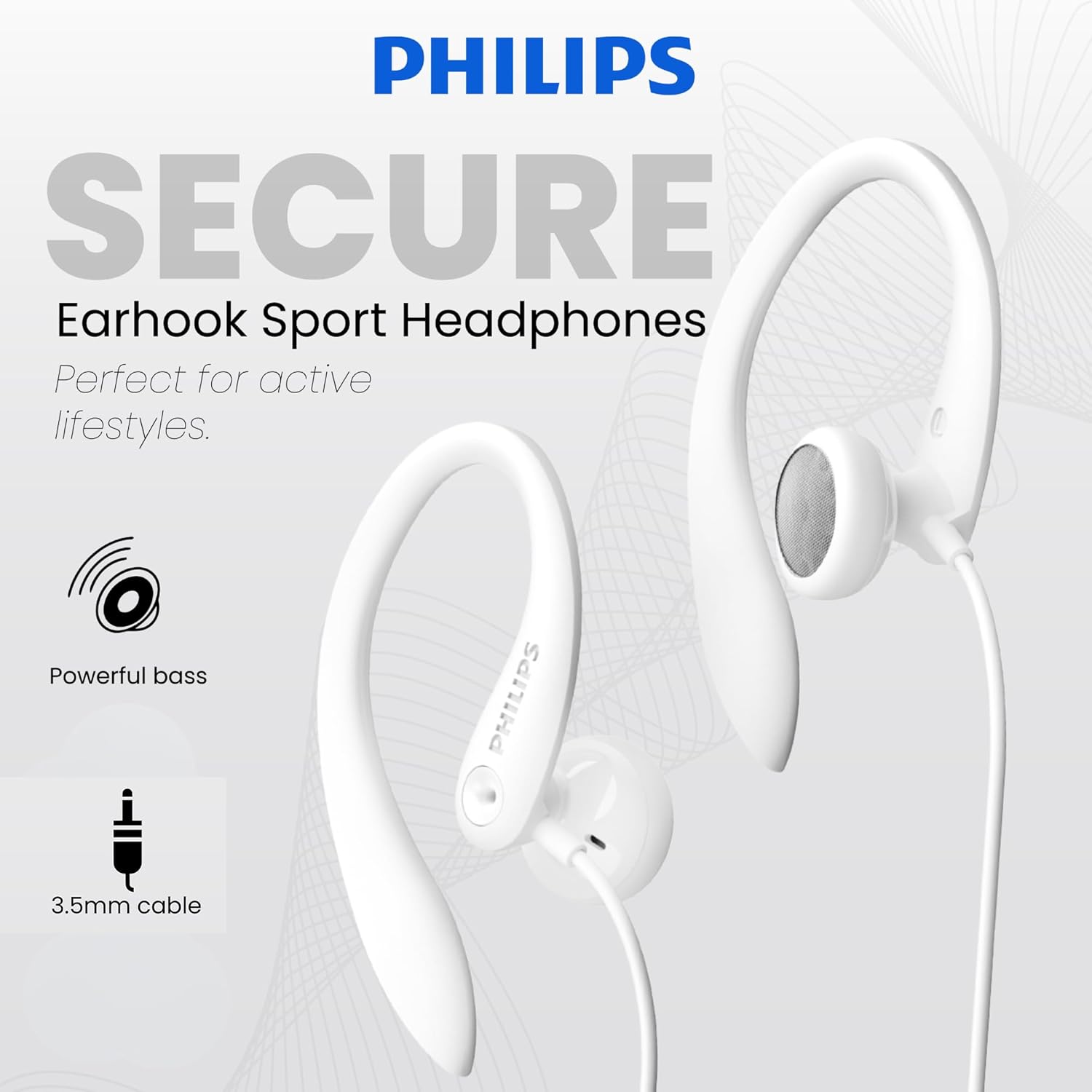 Detalle de Philips SHS3200WT/37 Flexible Earhook Wired Headphones (White)