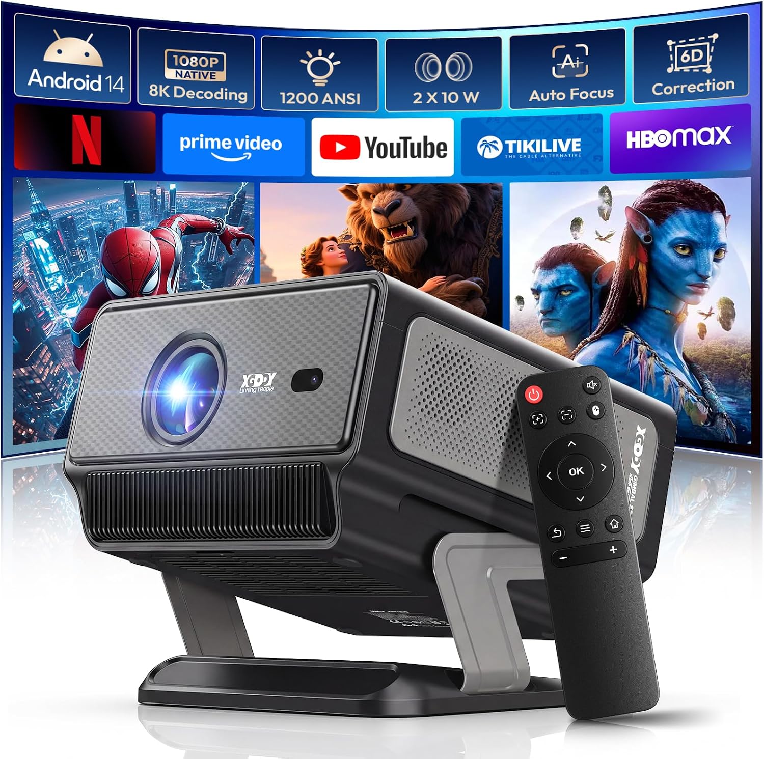 Detalle de Xgody A8 Beamer 4K Heimkino – Native Full HD 1080p, 1200 ANSI Lumen, Autofokus und 6D Trapezkorrektur