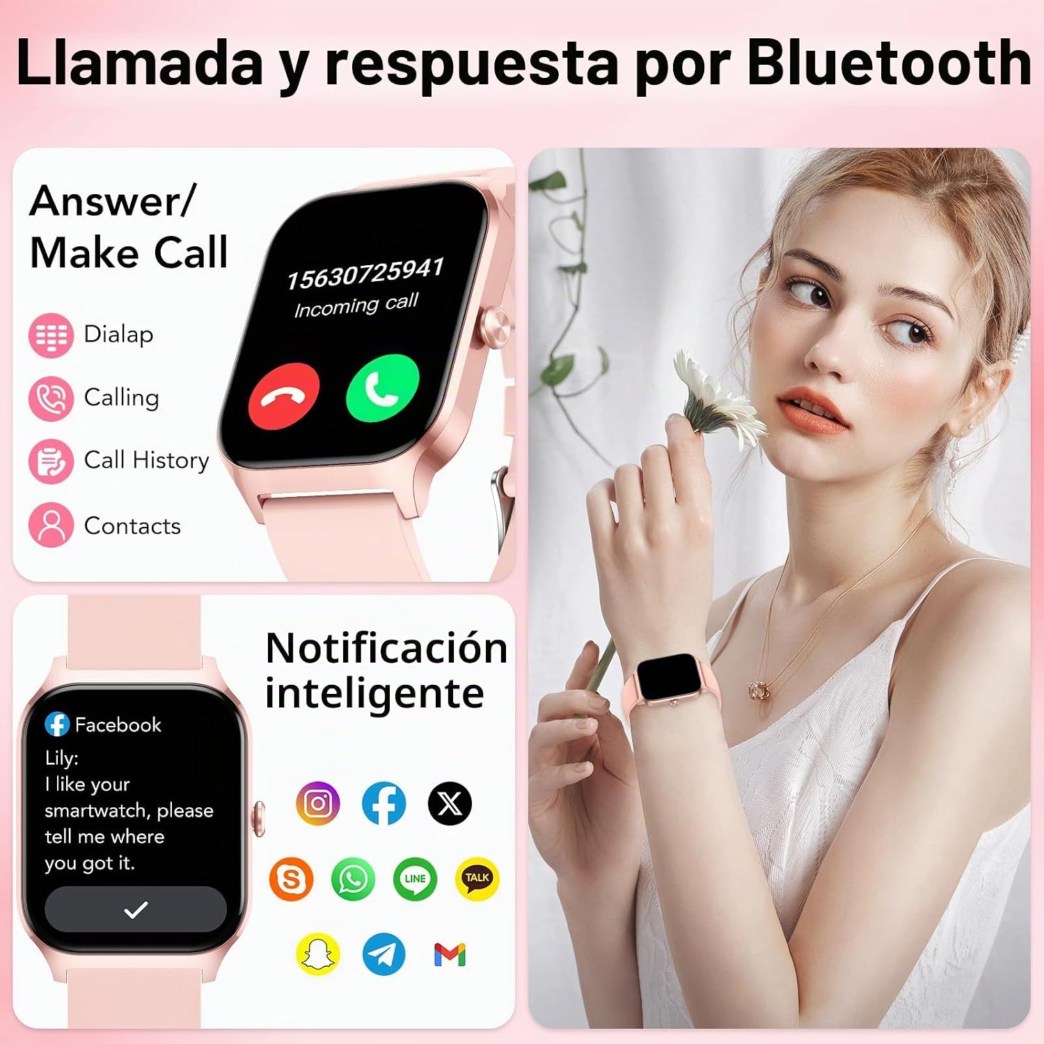 Detalle 2 de Reloj Inteligente CASCHO para Mujer y Hombre, 1.85" HD, Llamadas y Asistente de Voz IA, 115+ Modos Deportivos, IP68 Rosa