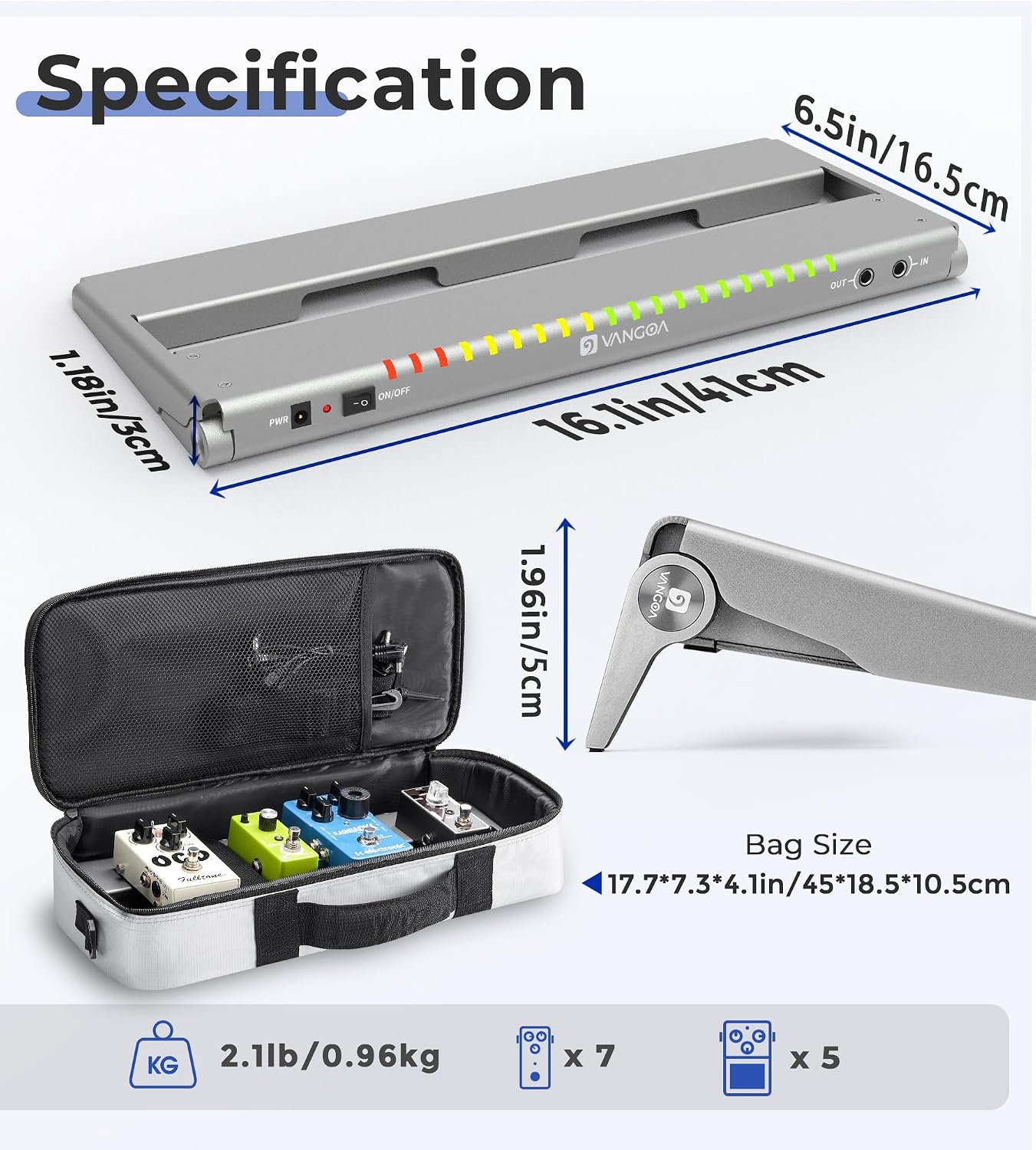 Detalle de Vangoa VPPD-S Guitar Pedal Board with 8 Isolated 9V Outputs and Foldable Legs