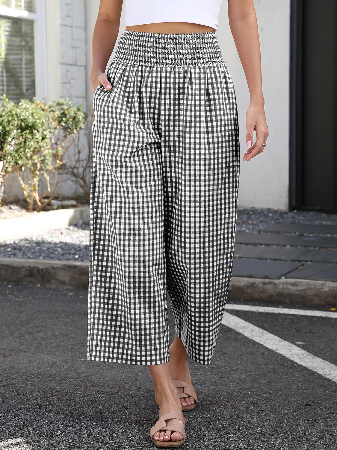 Thumbnail 1 de ANRABESS Striped Gingham Palazzo Pants with Smocked High-Waisted Cropped Design