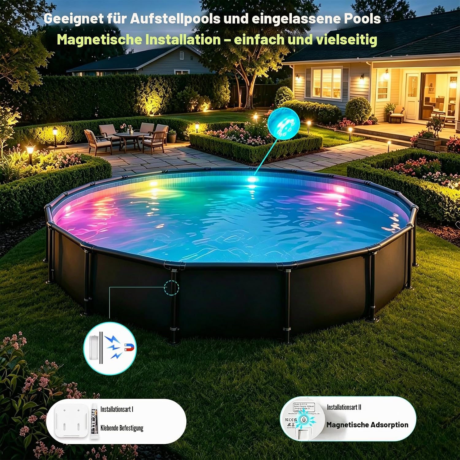 Thumbnail 1 de idyl light Unterwasser-Poolbeleuchtung, wiederaufladbar mit Fernbedienung (2 Stück, IP68)