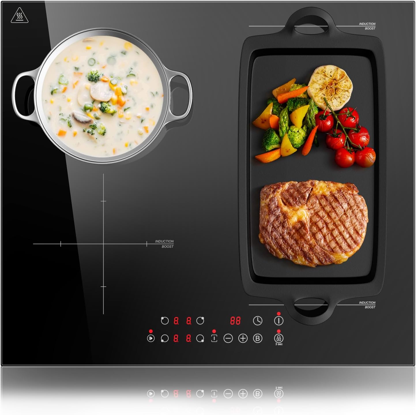 Detalle de KICHPOWER Plaque Induction 4 Feux avec Zone Flexible 60 cm – 6000 W, Commande Tactile